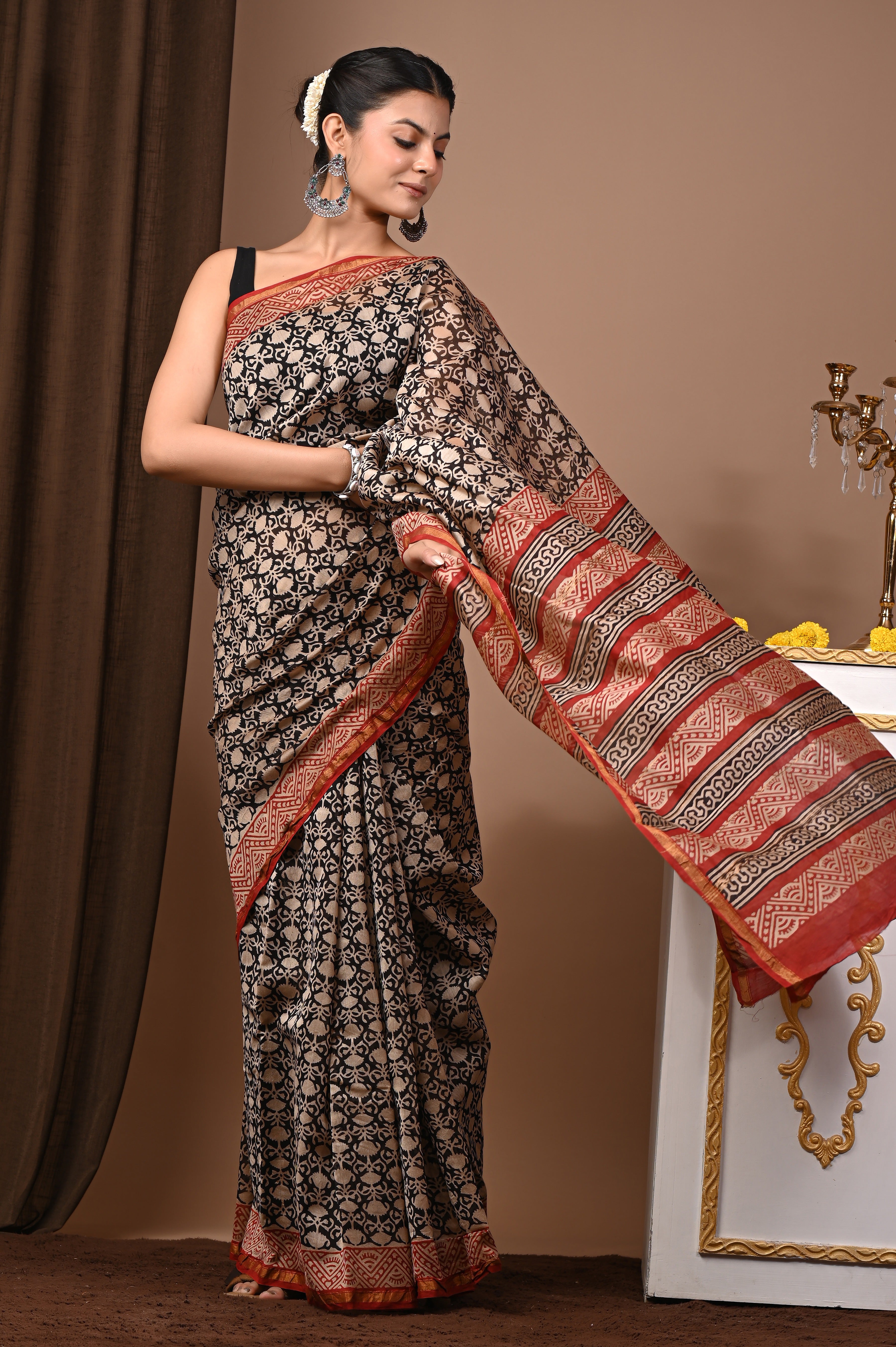 Black Chanderi Silk Hand Printed Saree