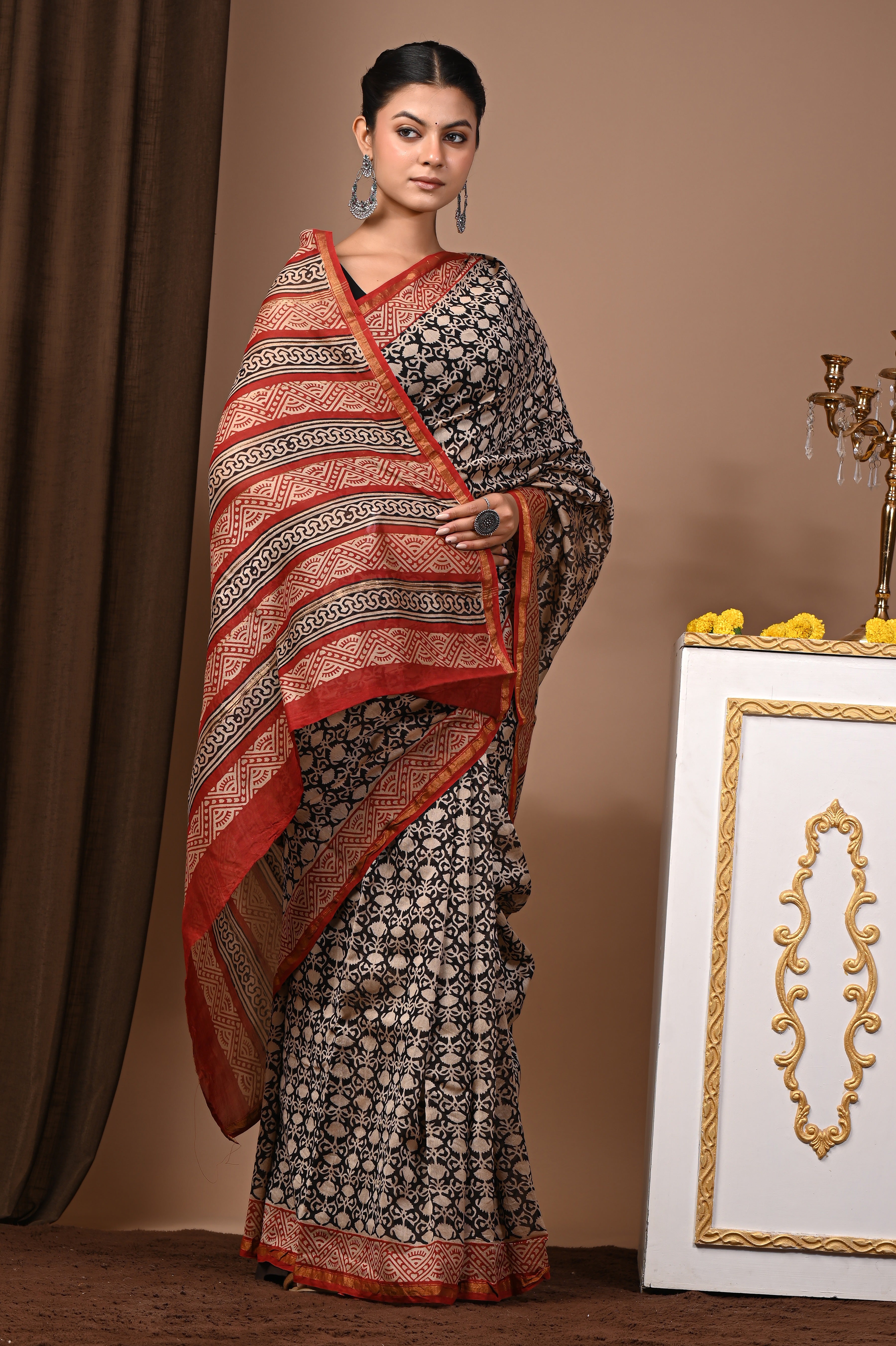 Black Chanderi Silk Hand Printed Saree