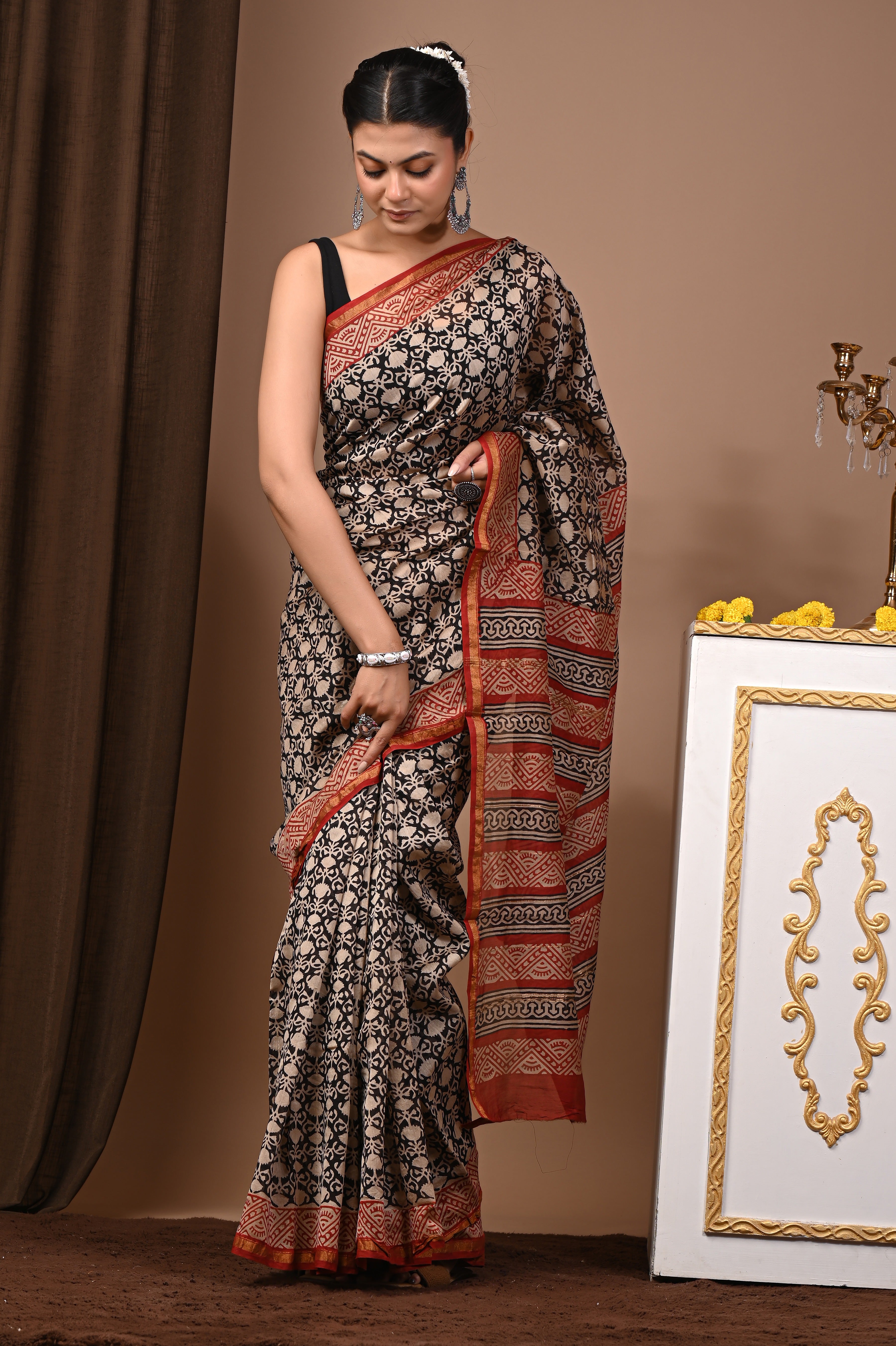 Black Chanderi Silk Hand Printed Saree