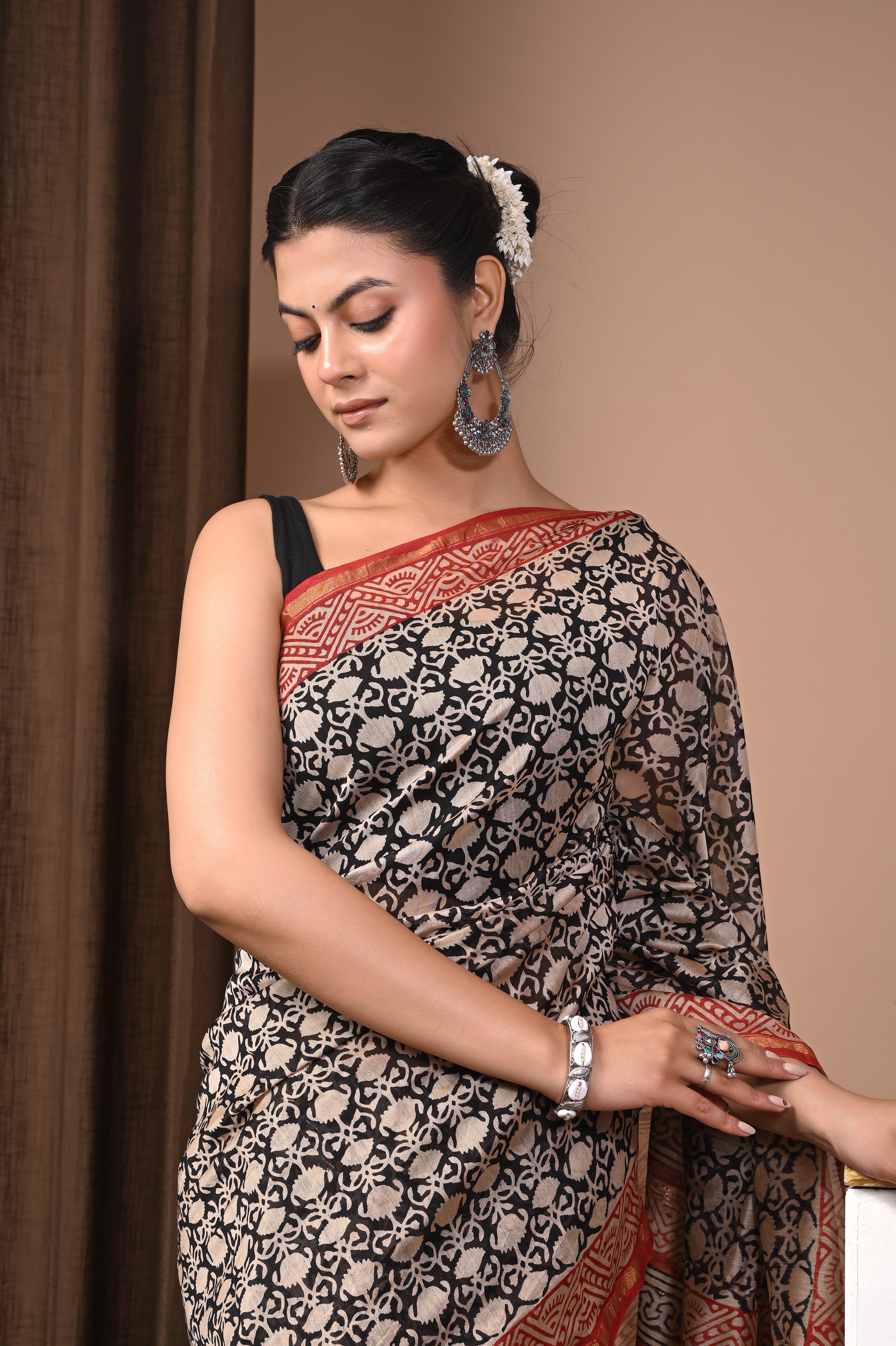 Black Chanderi Silk Hand Printed Saree