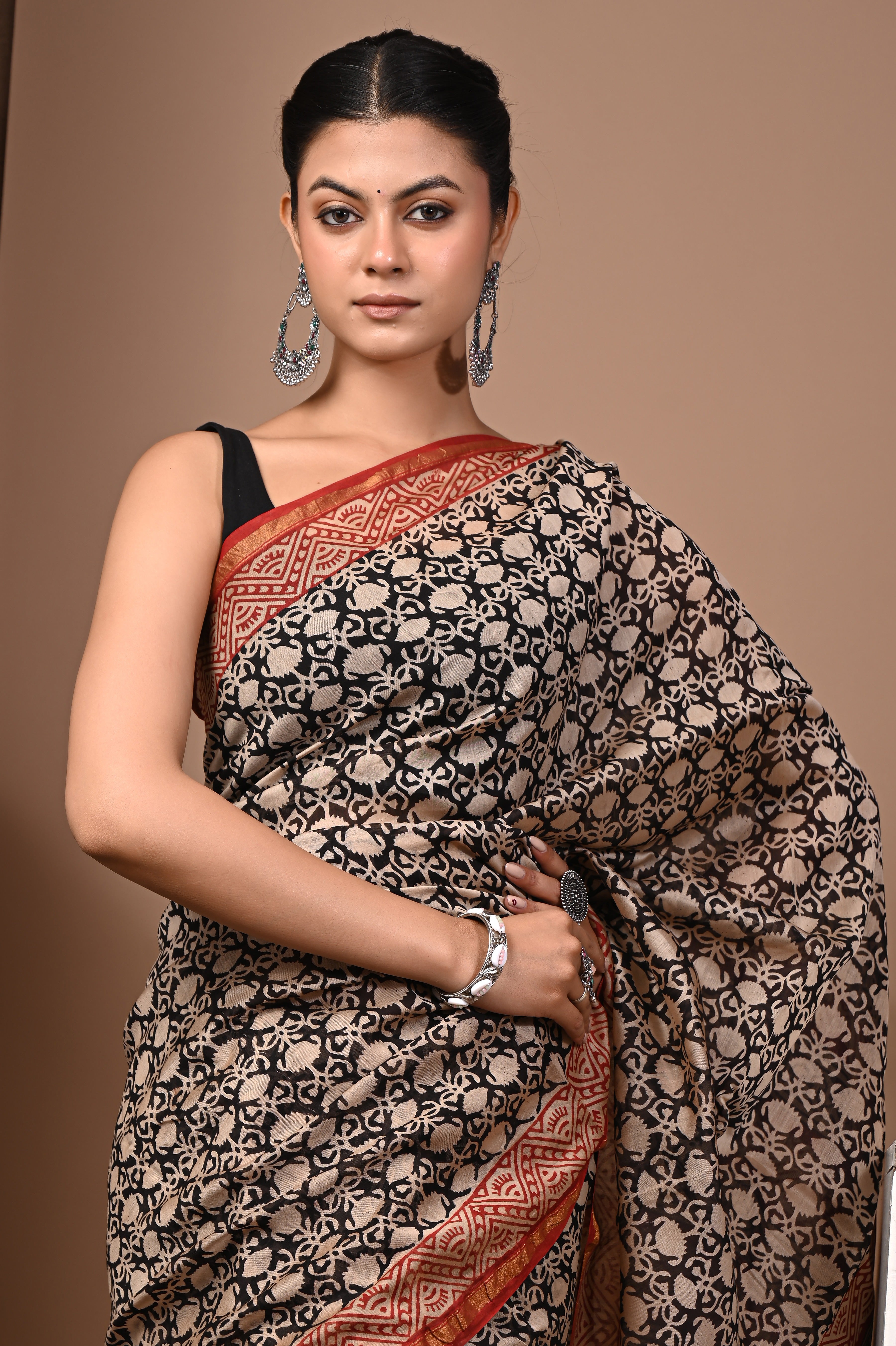 Black Chanderi Silk Hand Printed Saree