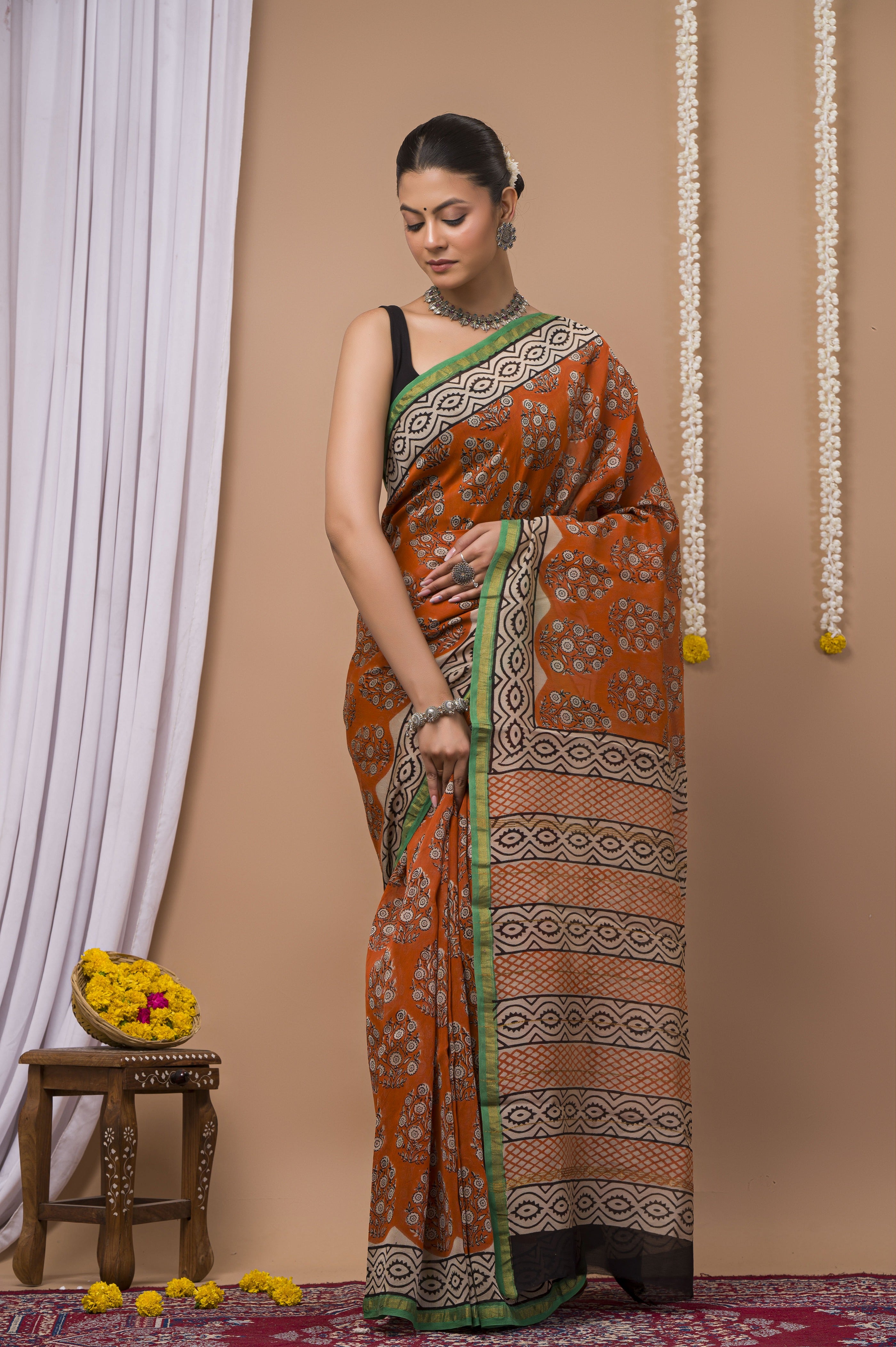 Burnt Orange Chanderi Silk Hand Printed Saree