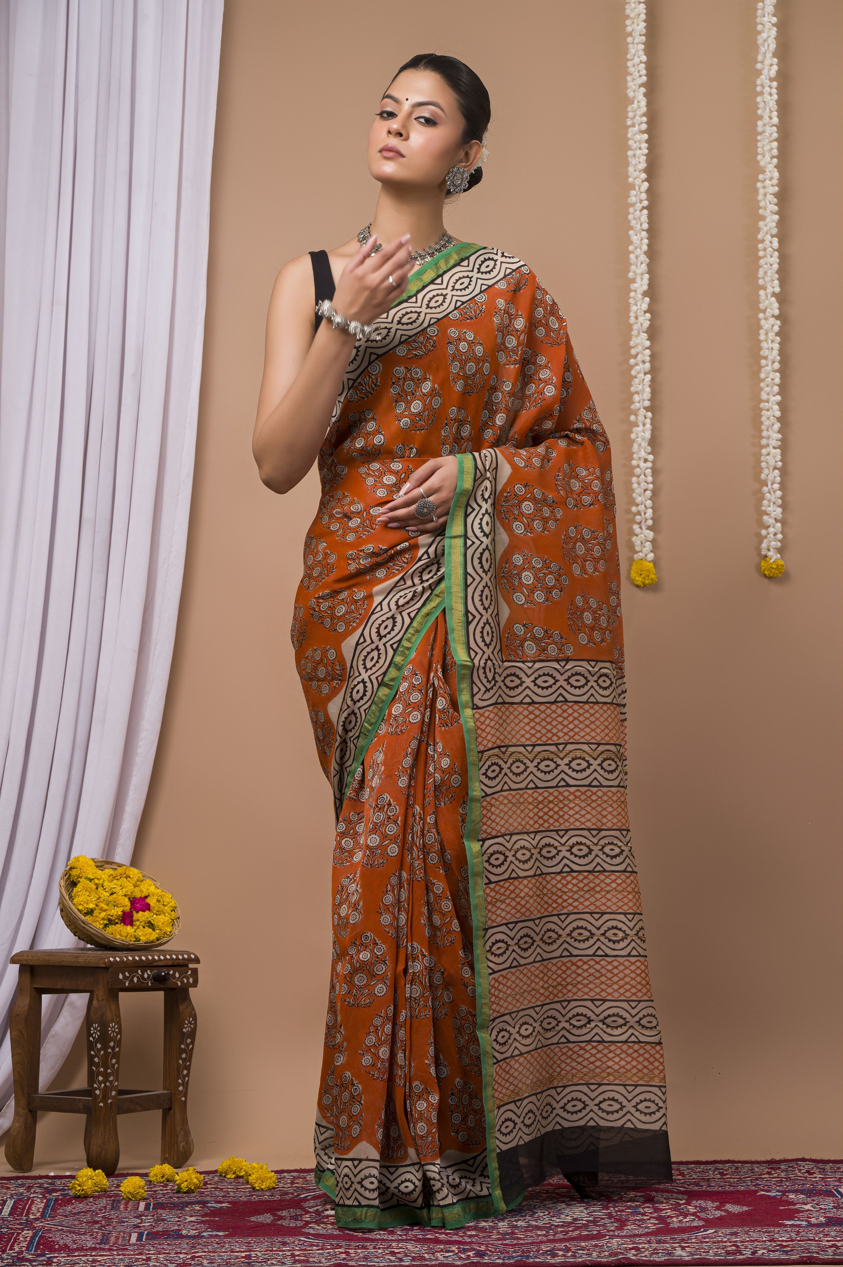 Burnt Orange Chanderi Silk Hand Printed Saree