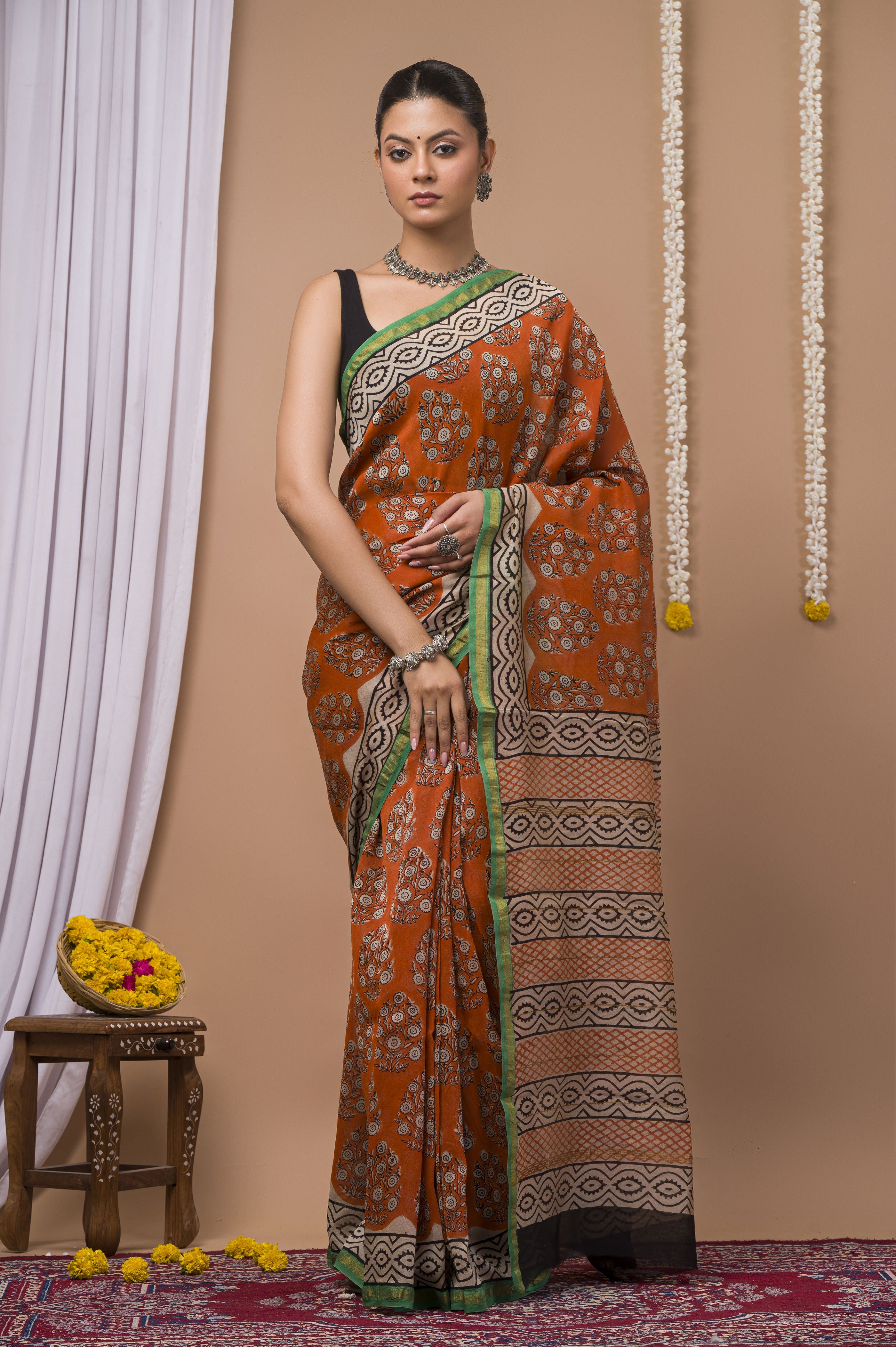 Burnt Orange Chanderi Silk Hand Printed Saree