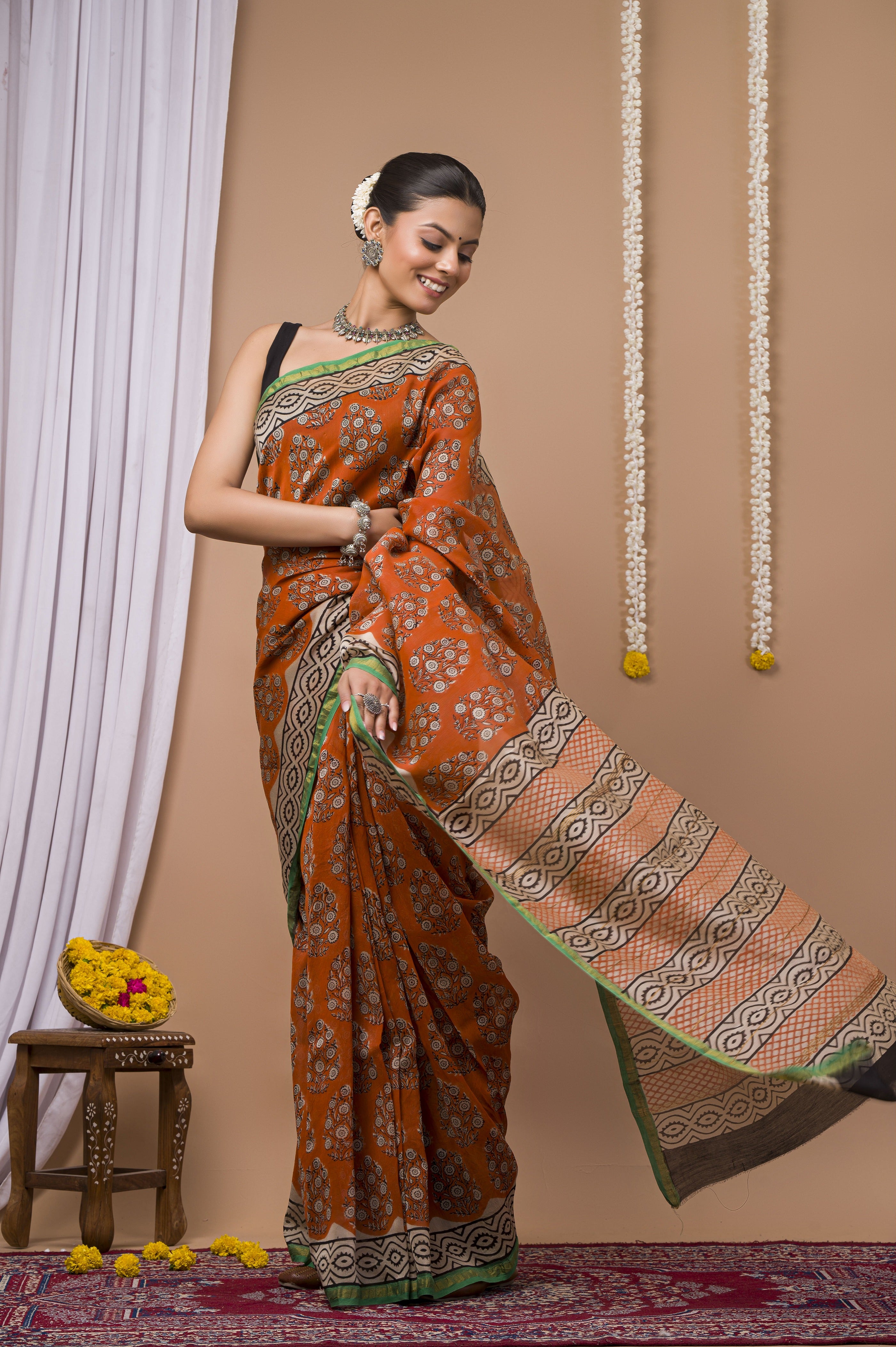 Burnt Orange Chanderi Silk Hand Printed Saree