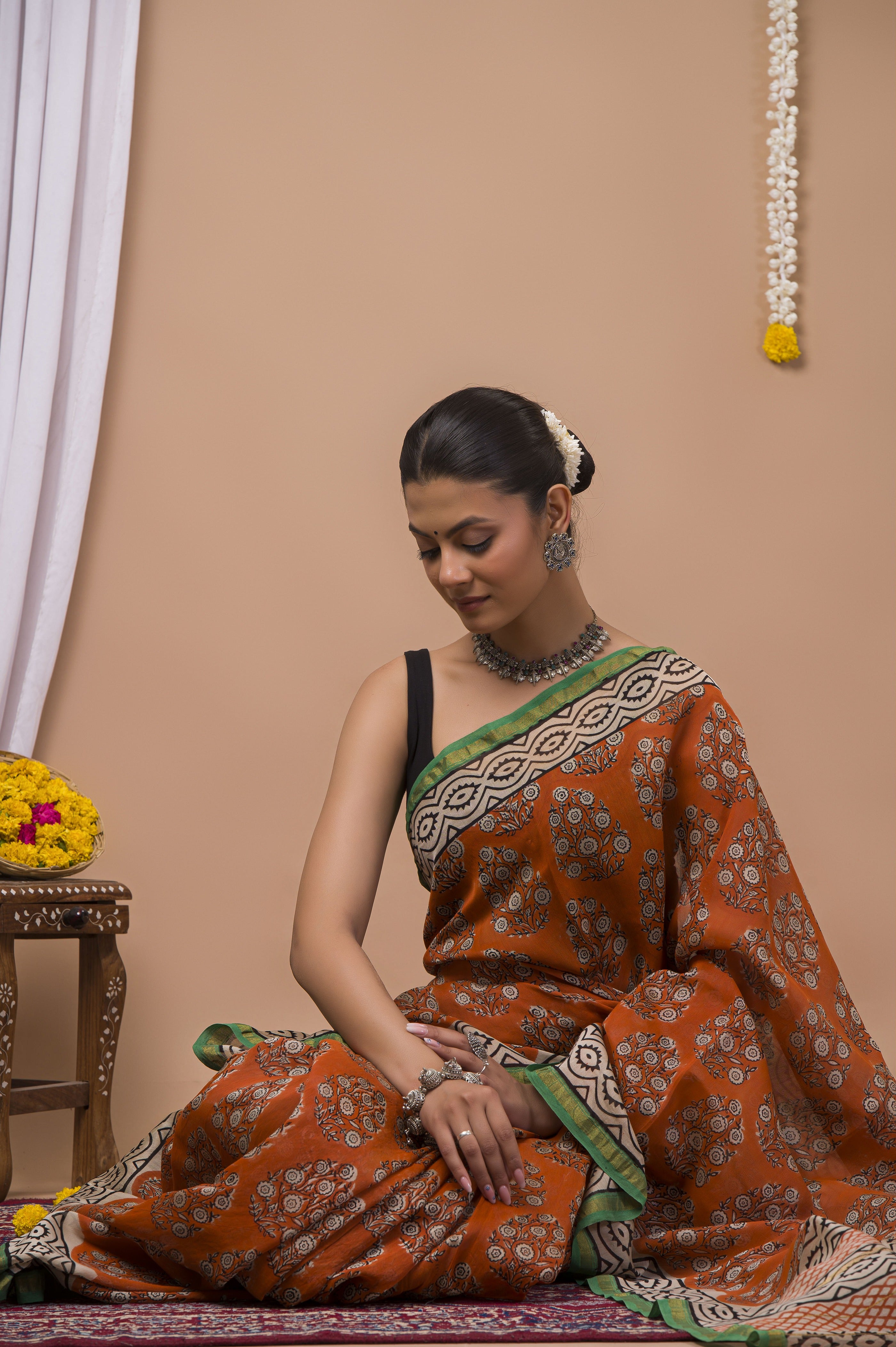 Burnt Orange Chanderi Silk Hand Printed Saree
