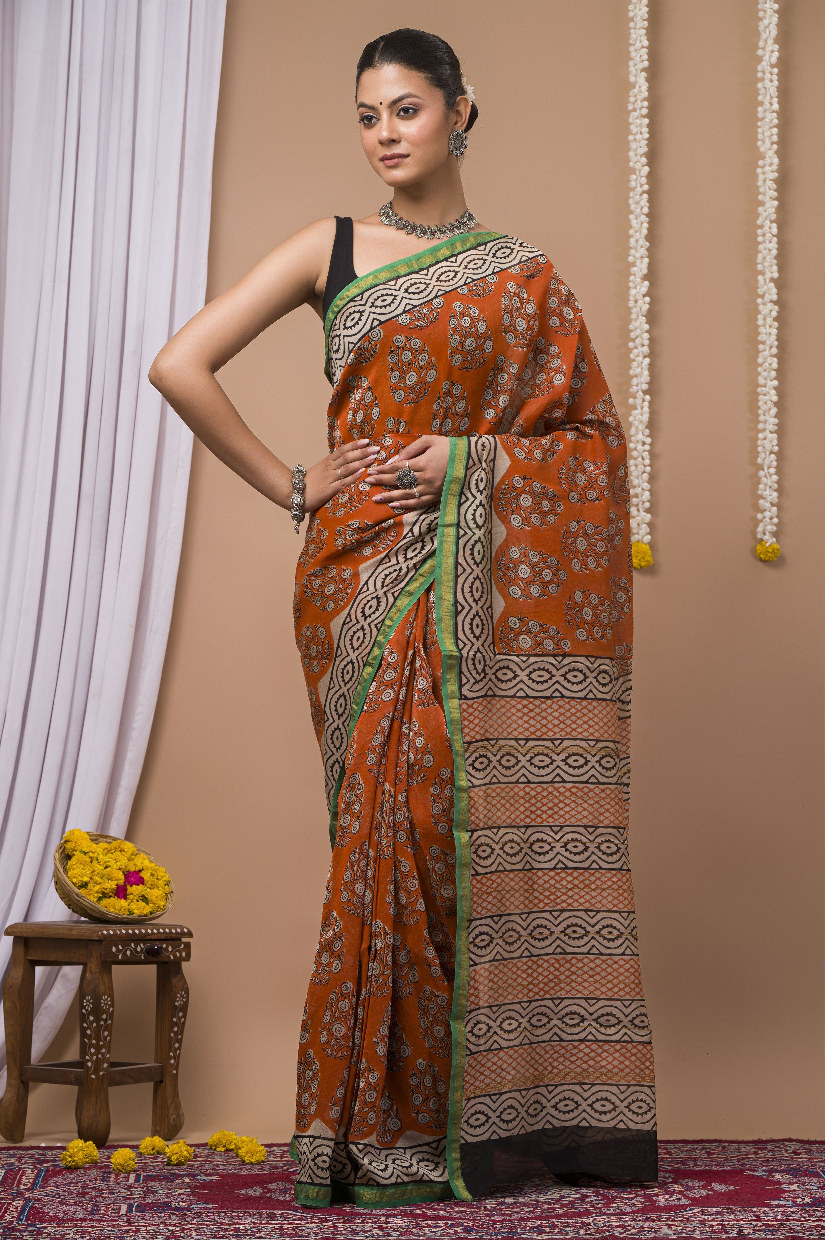 Burnt Orange Chanderi Silk Hand Printed Saree