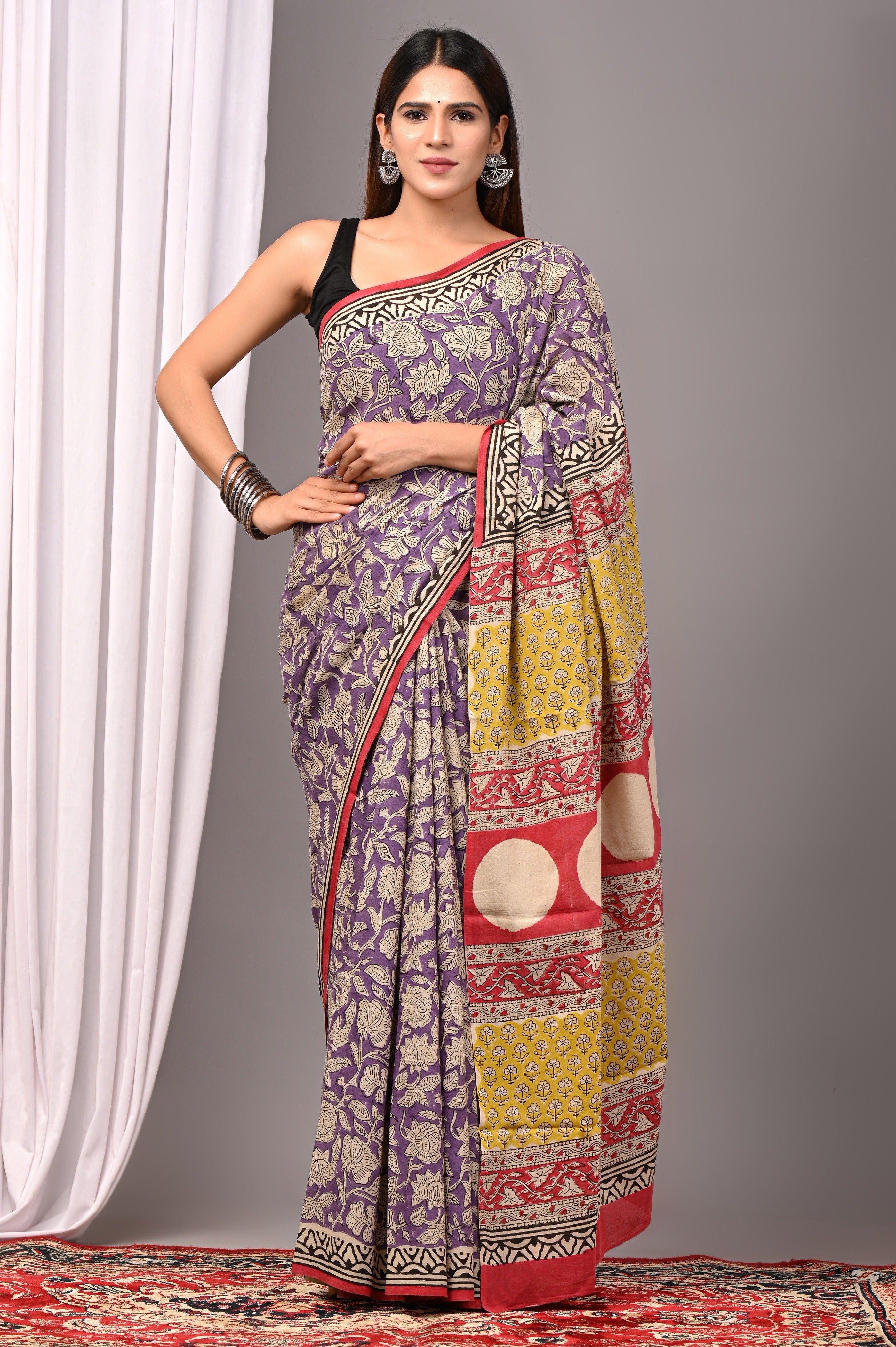 Purple Pure Cotton Hand-Printed Saree