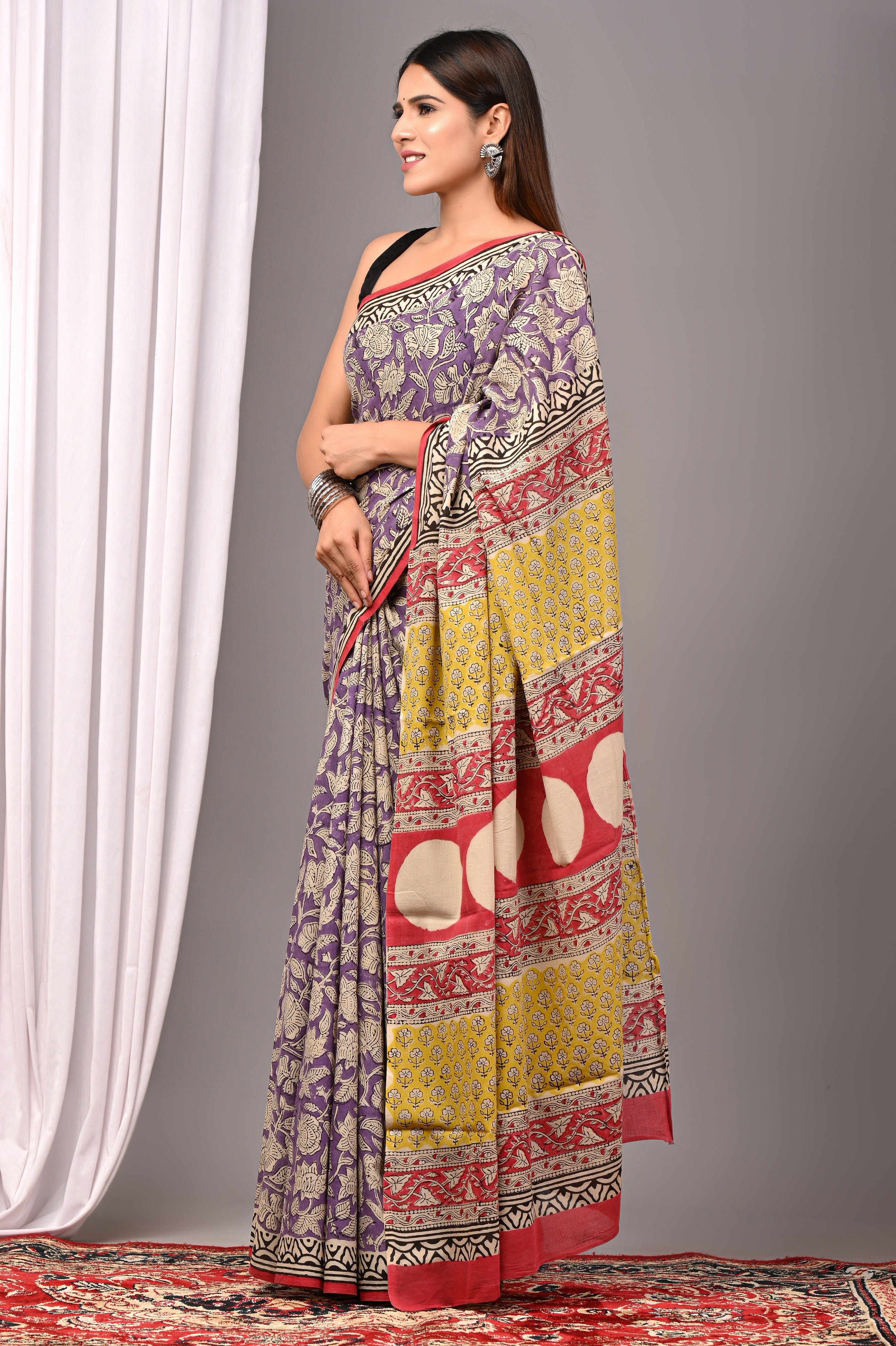 Purple Pure Cotton Hand-Printed Saree
