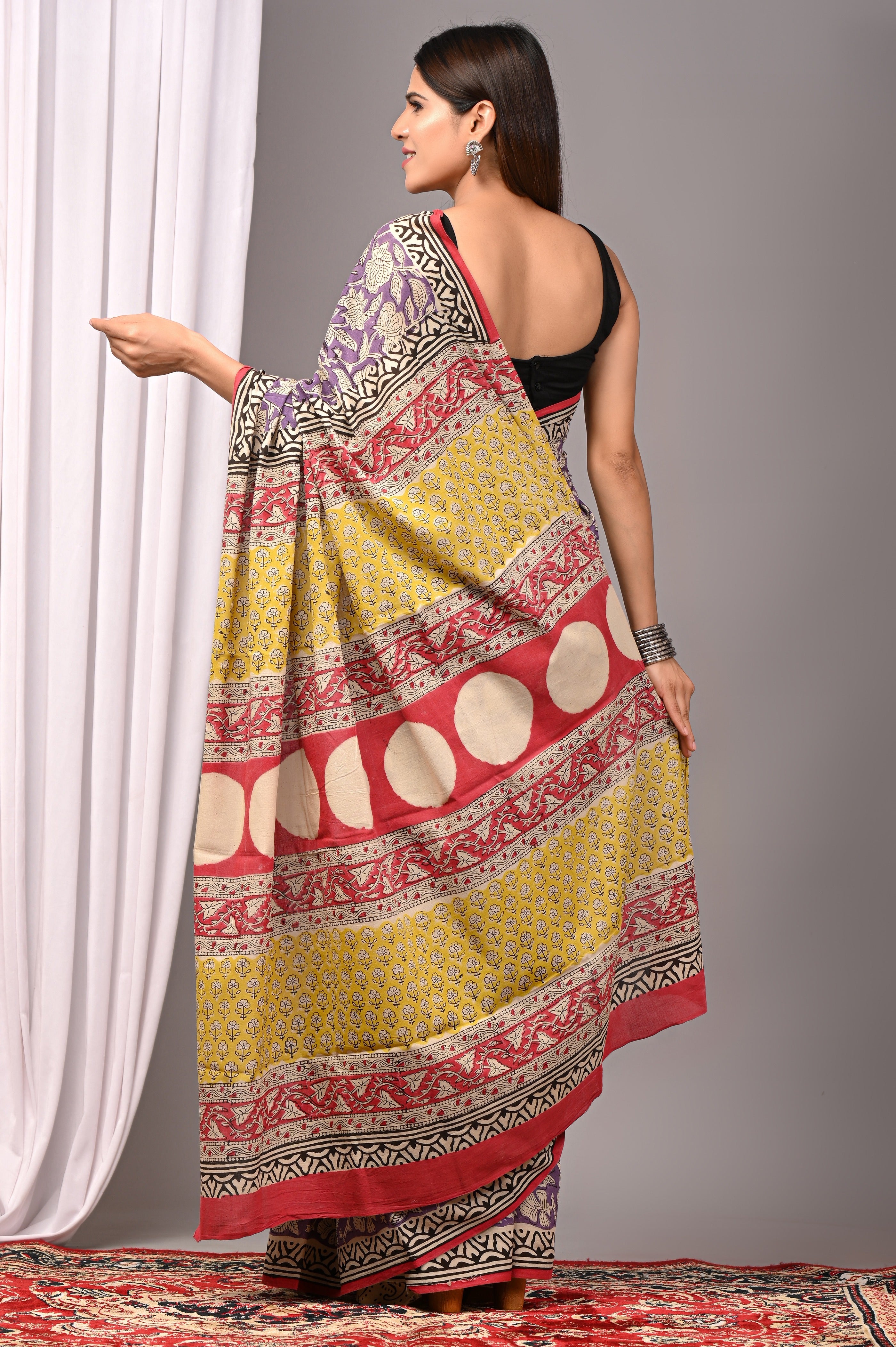 Purple Pure Cotton Hand-Printed Saree