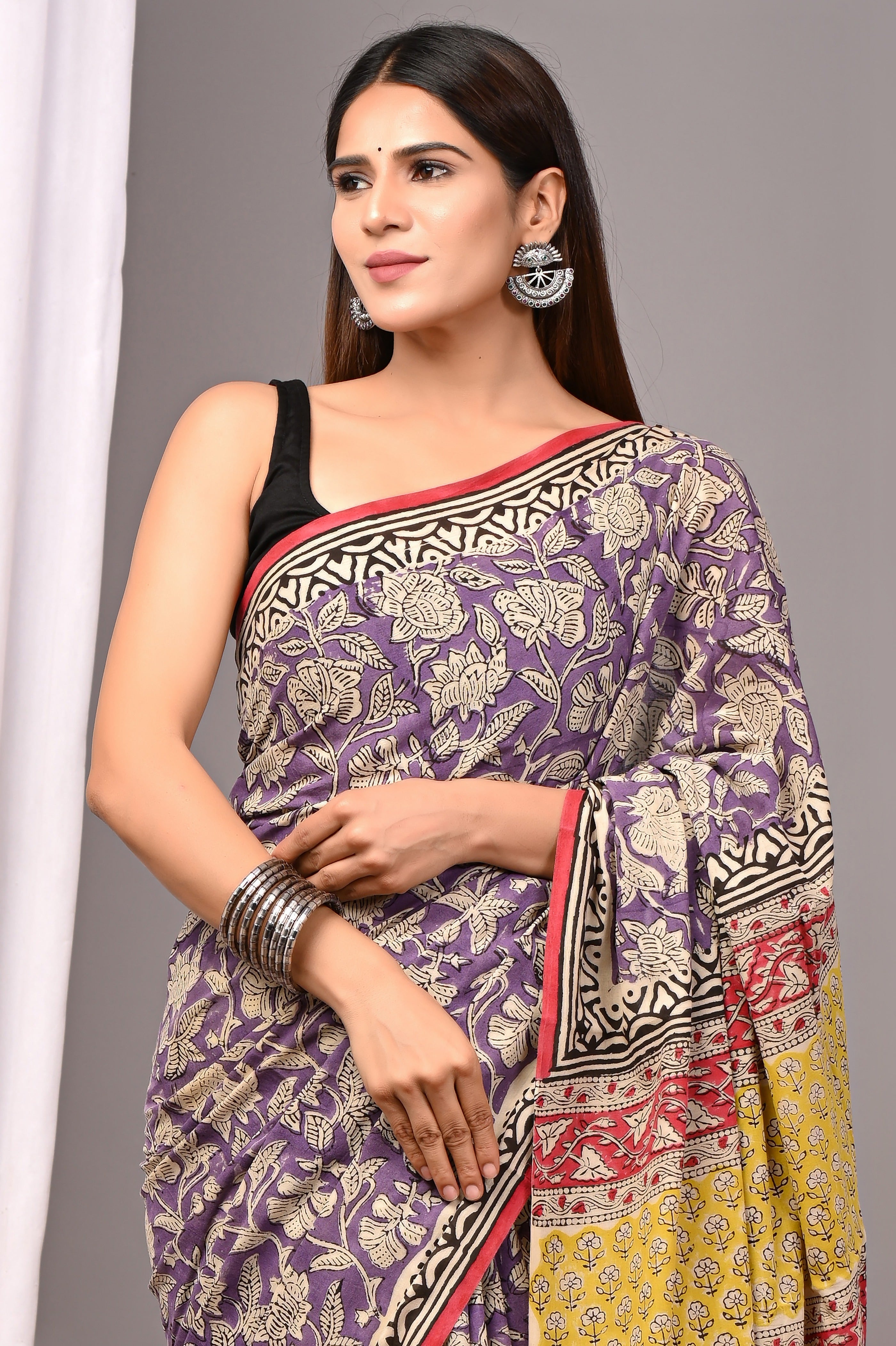 Purple Pure Cotton Hand-Printed Saree