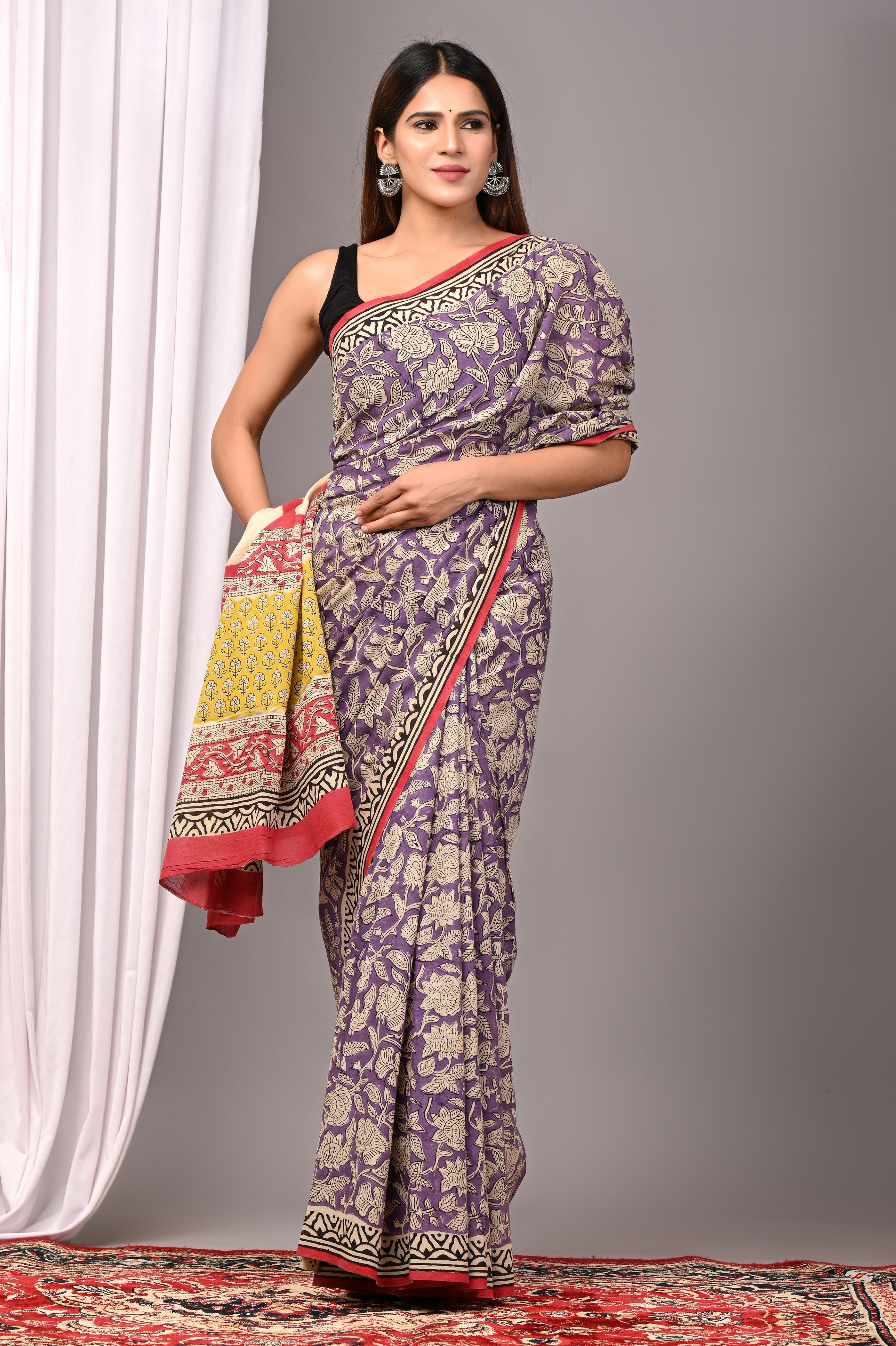 Purple Pure Cotton Hand-Printed Saree
