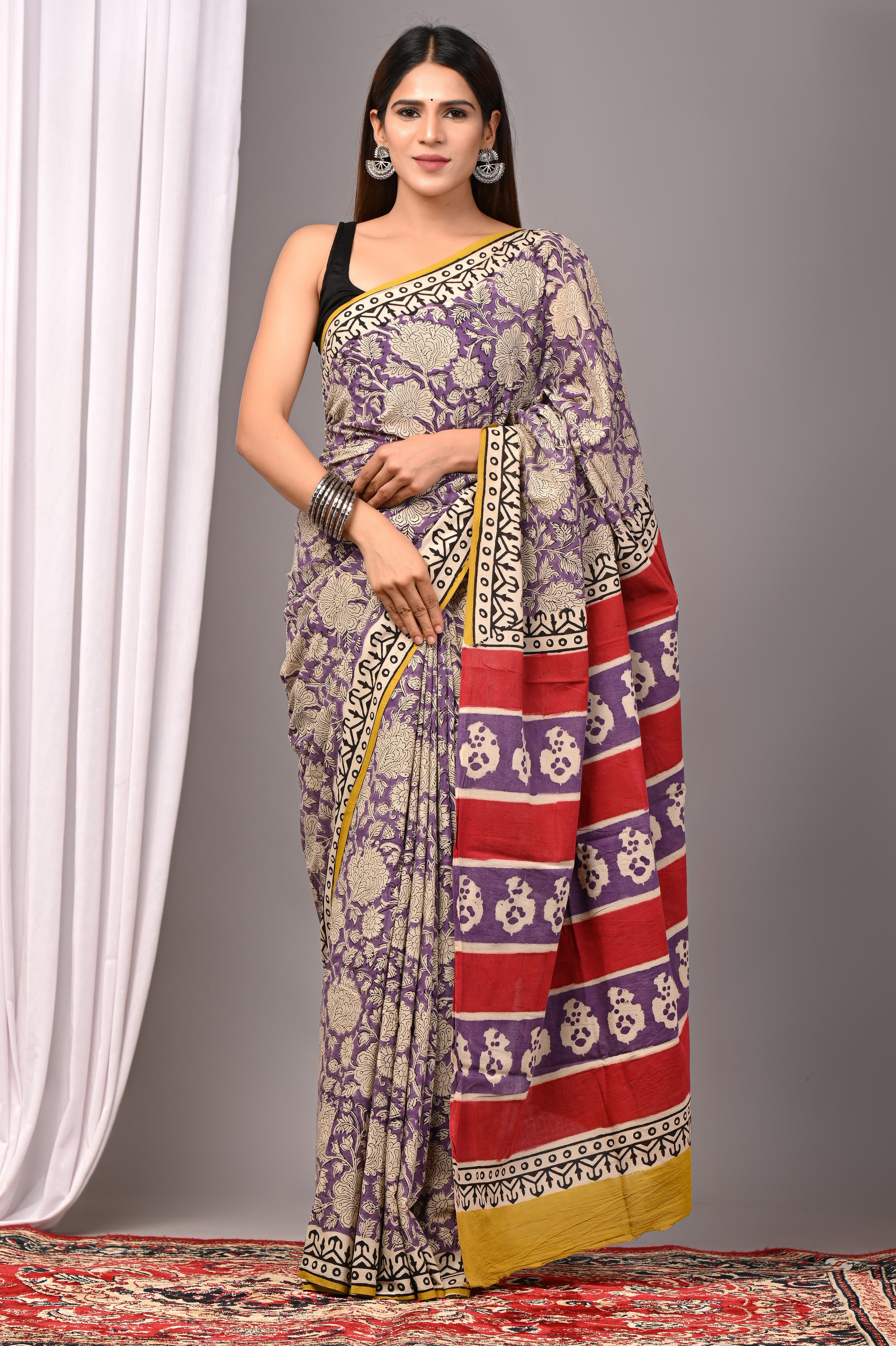 Purple Pure Cotton Hand-Printed Saree