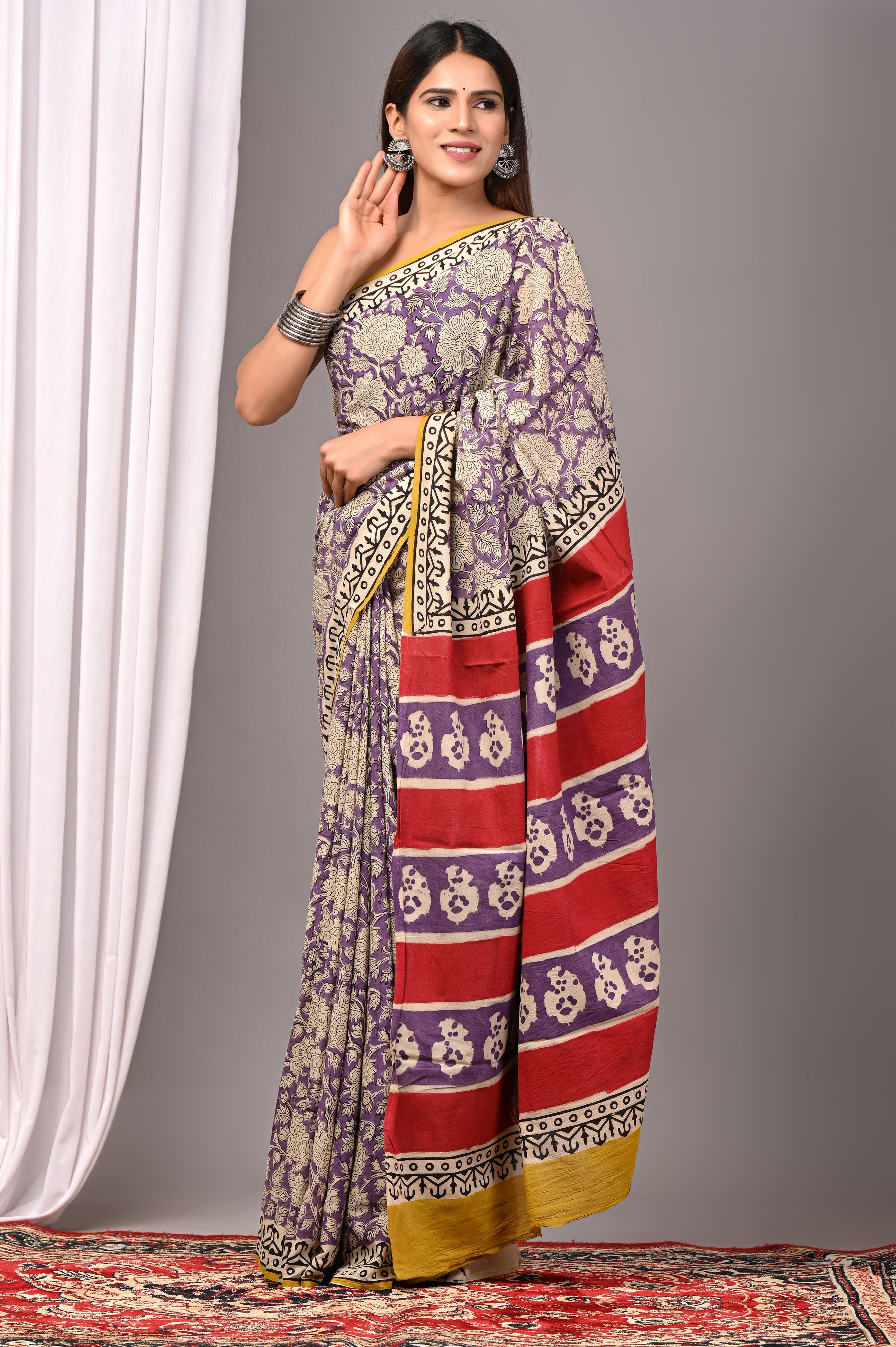 Purple Pure Cotton Hand-Printed Saree