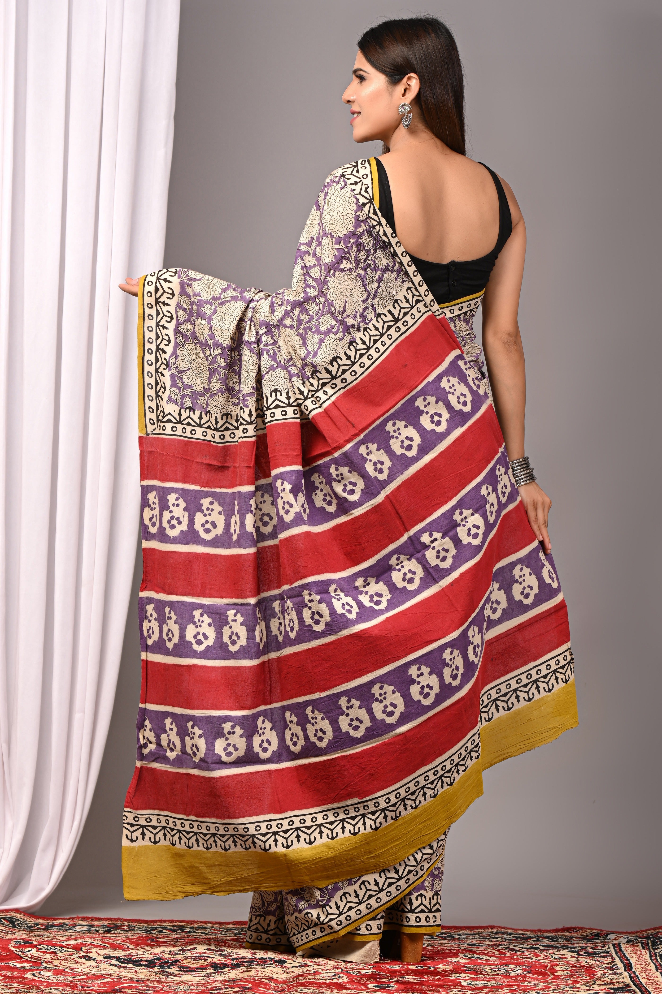 Purple Pure Cotton Hand-Printed Saree