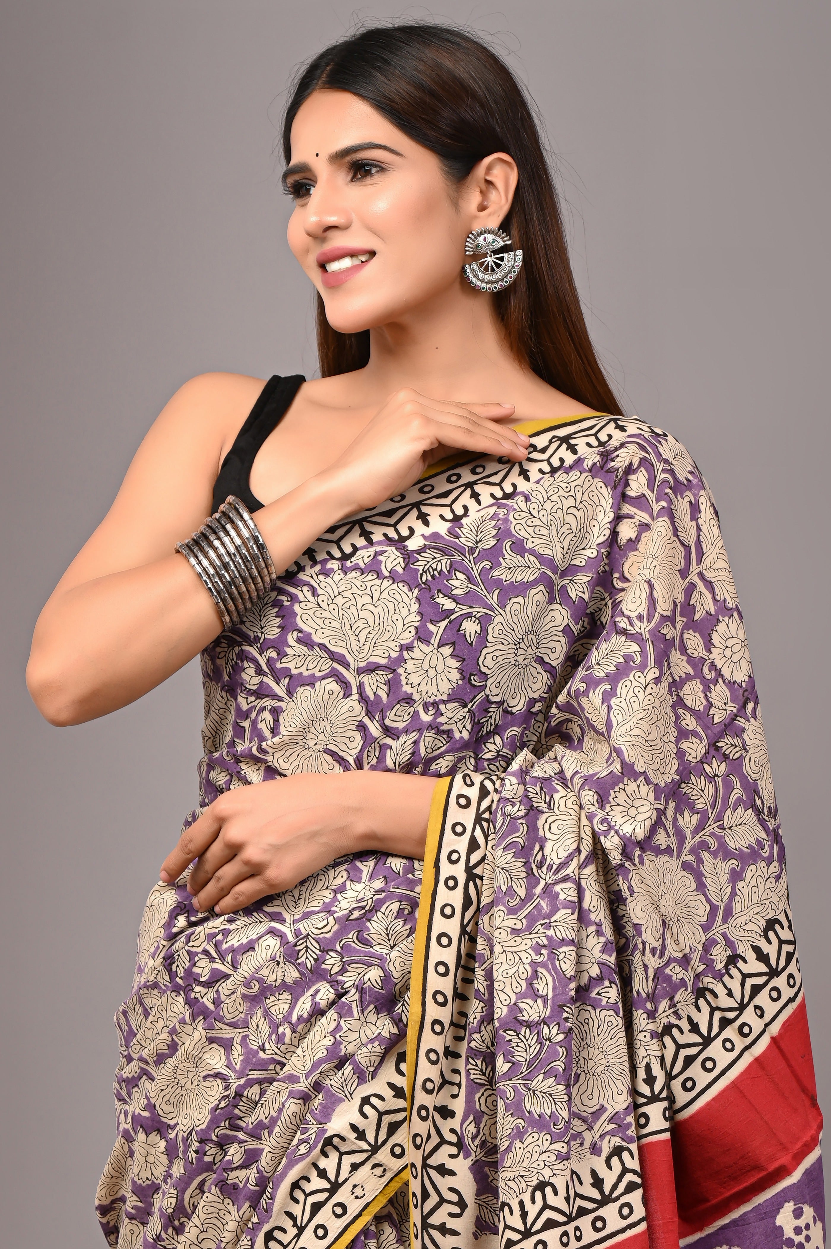 Purple Pure Cotton Hand-Printed Saree