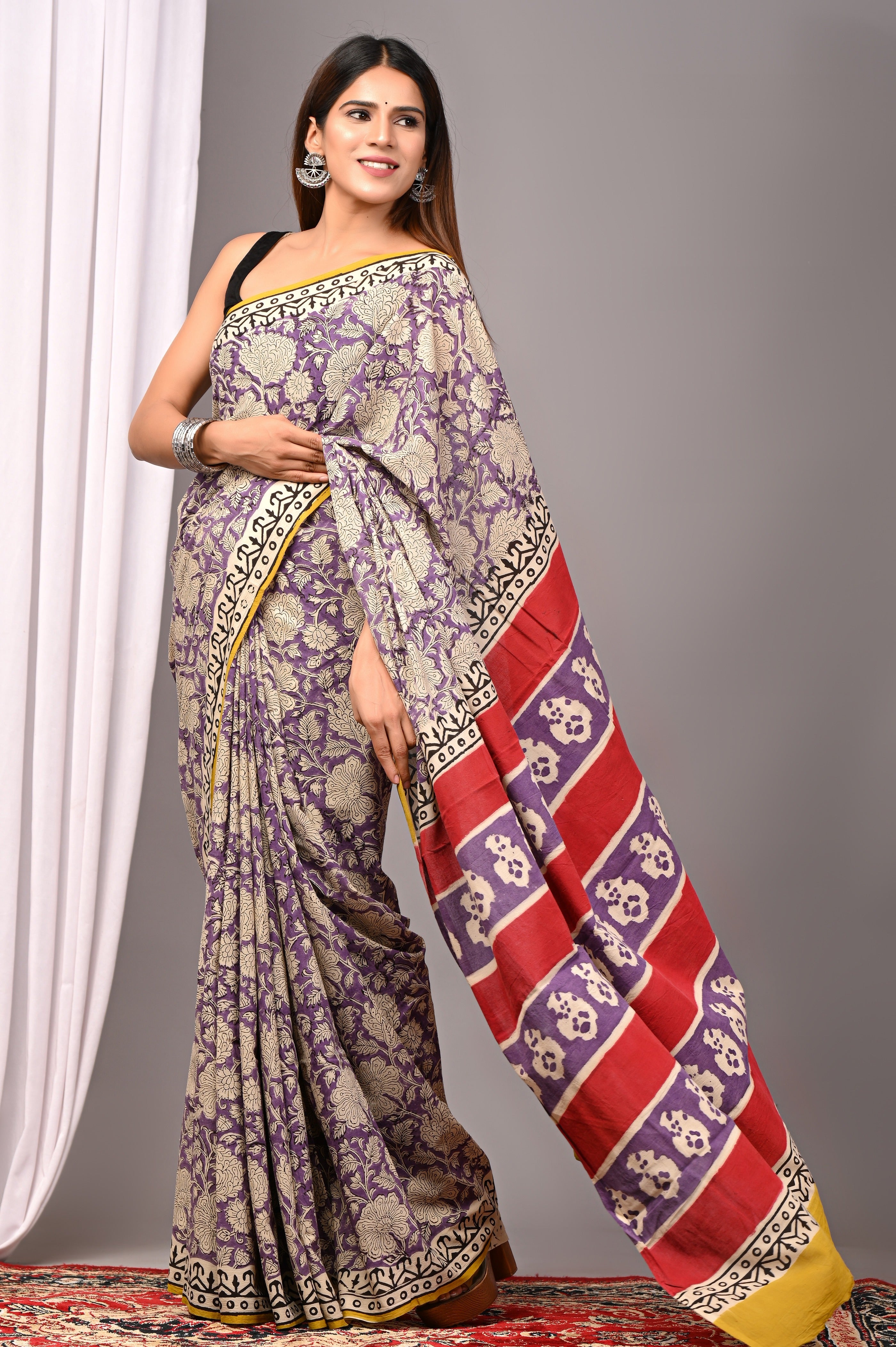 Purple Pure Cotton Hand-Printed Saree