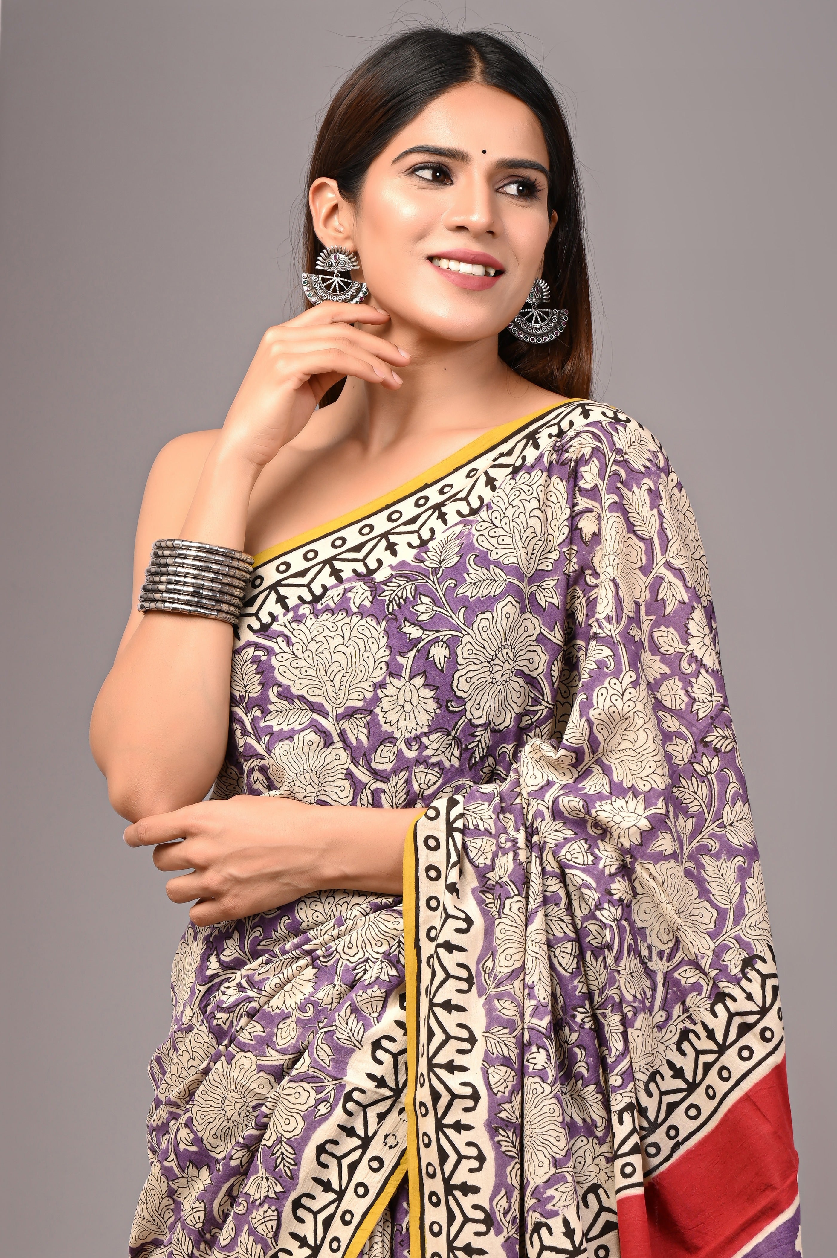 Purple Pure Cotton Hand-Printed Saree