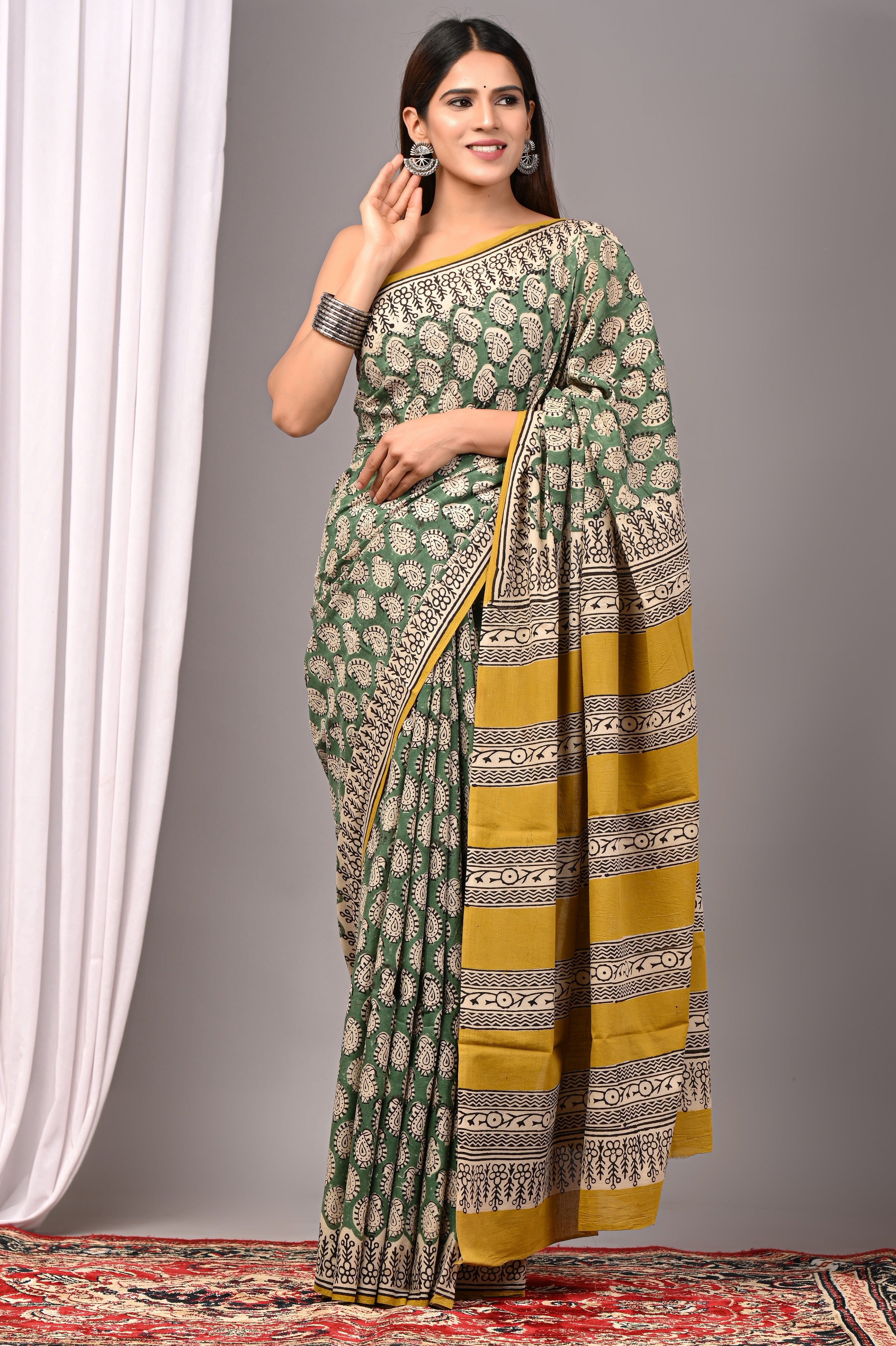 Green Pure Cotton Hand-Printed Saree