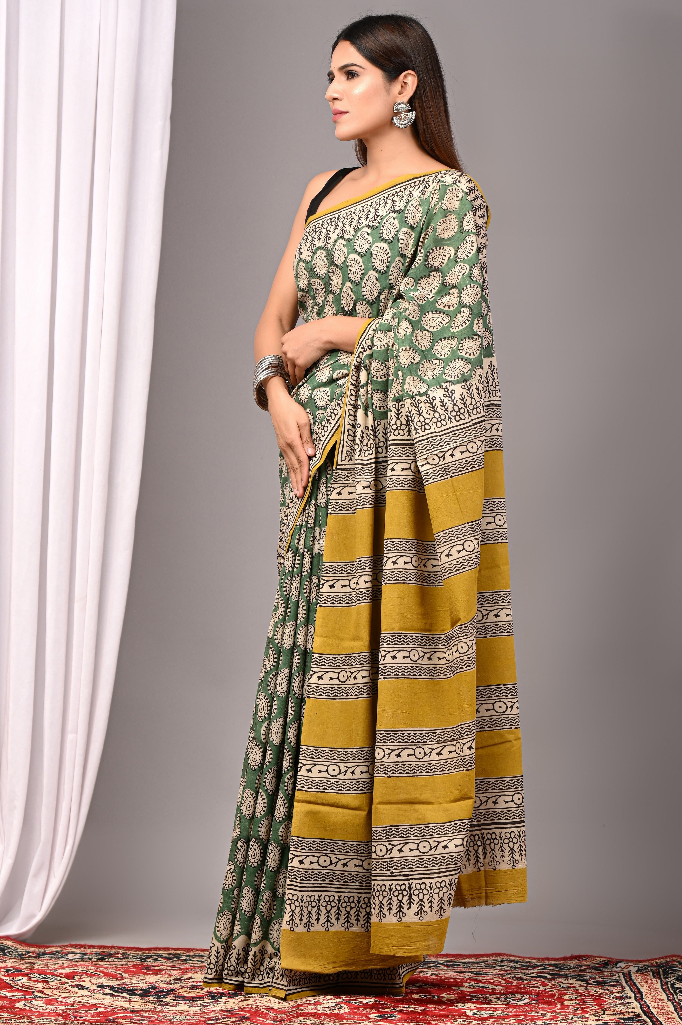 Green Pure Cotton Hand-Printed Saree