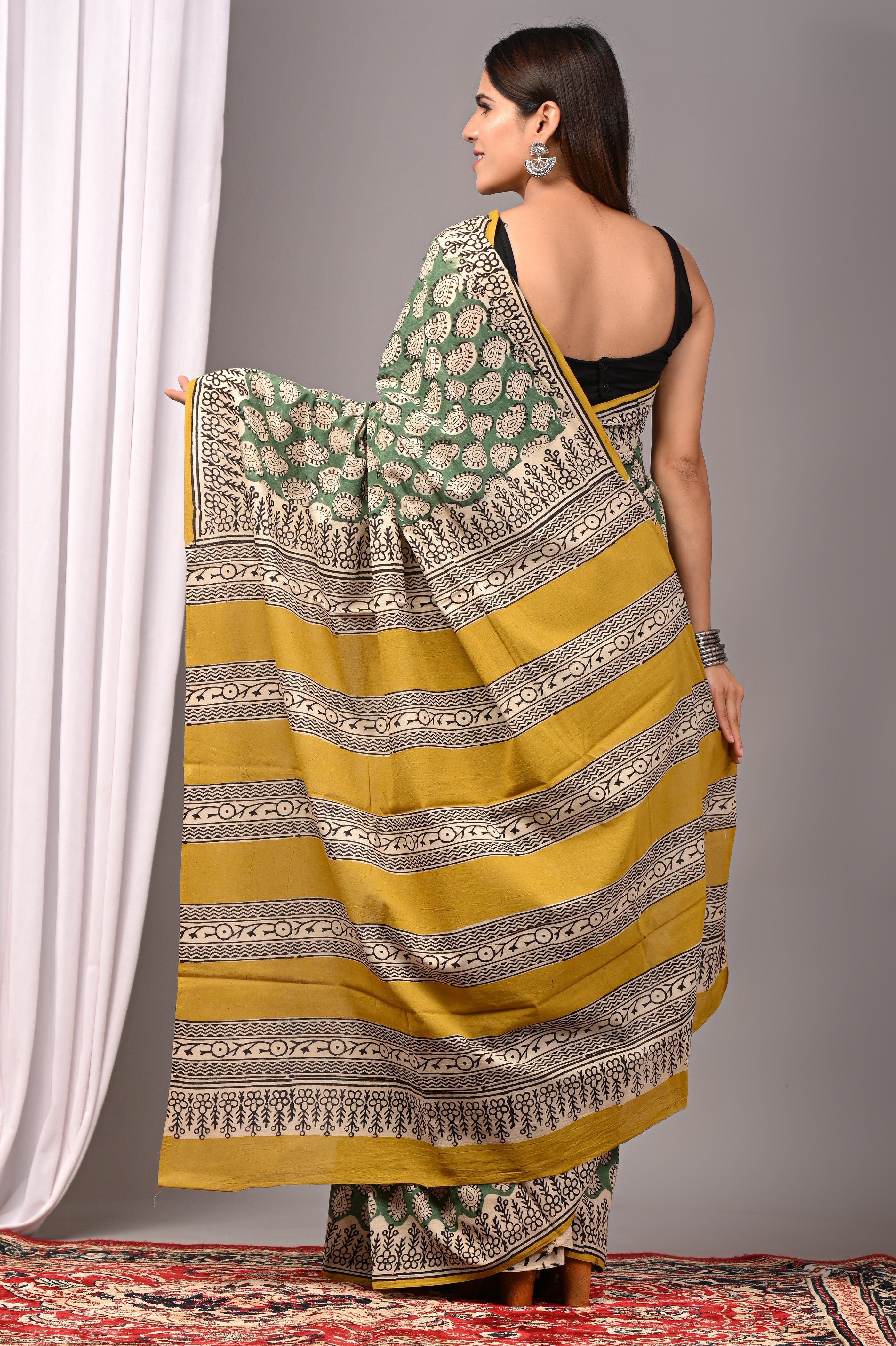 Green Pure Cotton Hand-Printed Saree