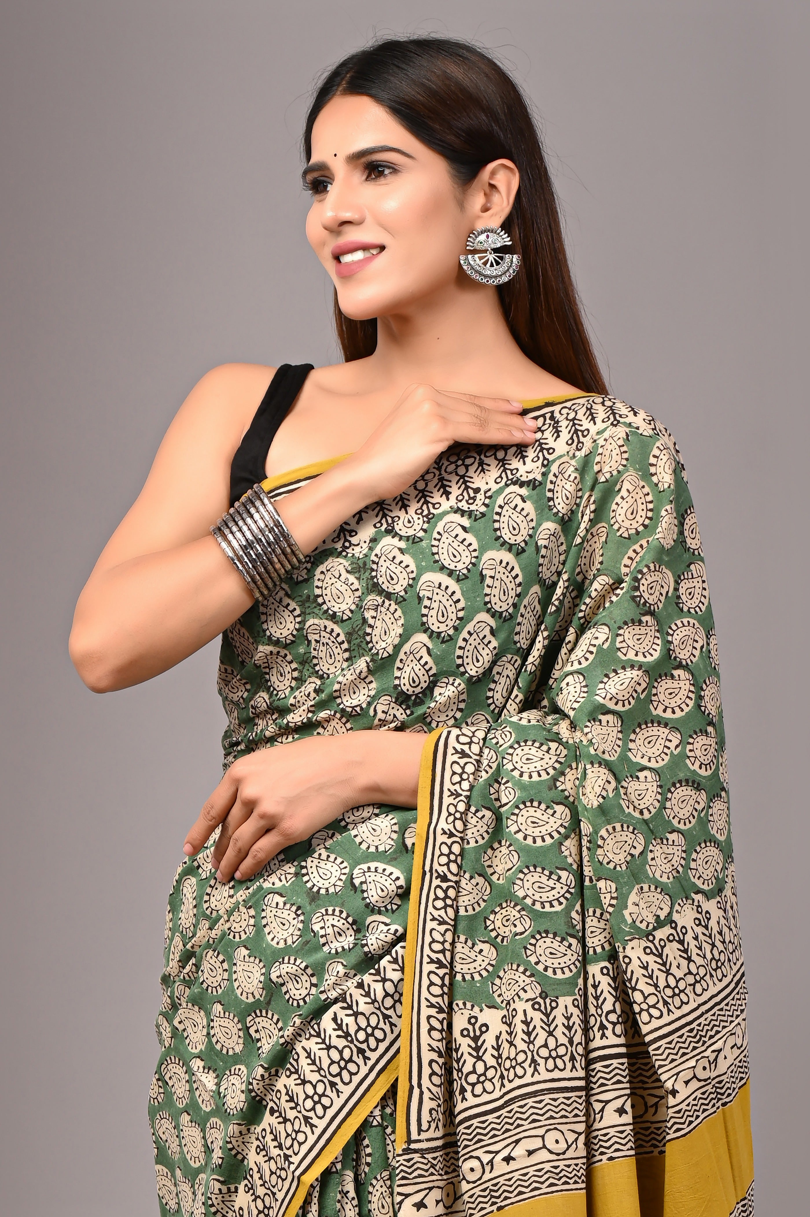 Green Pure Cotton Hand-Printed Saree