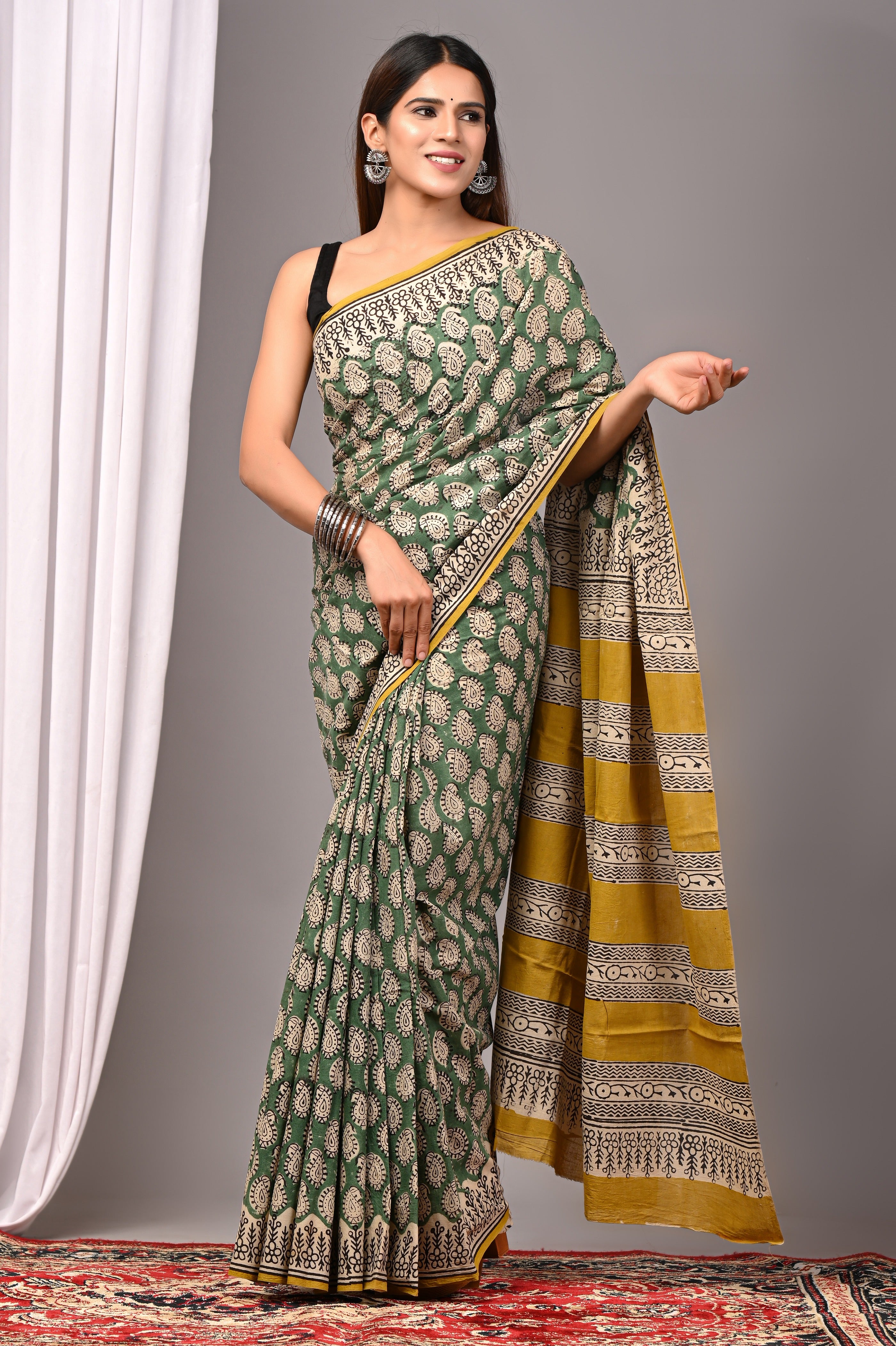 Green Pure Cotton Hand-Printed Saree