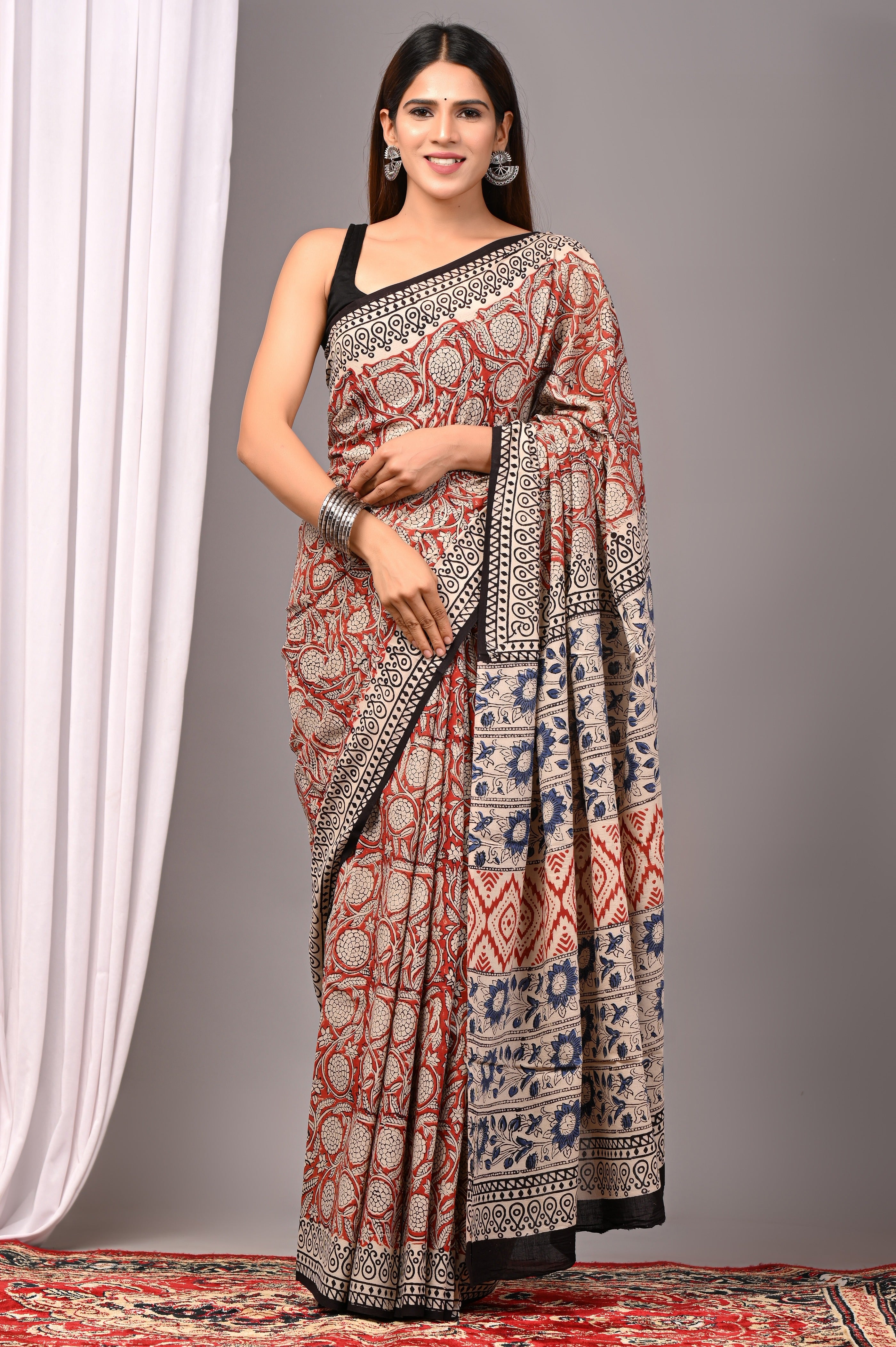 Rust Red Pure Cotton Hand-Printed Saree