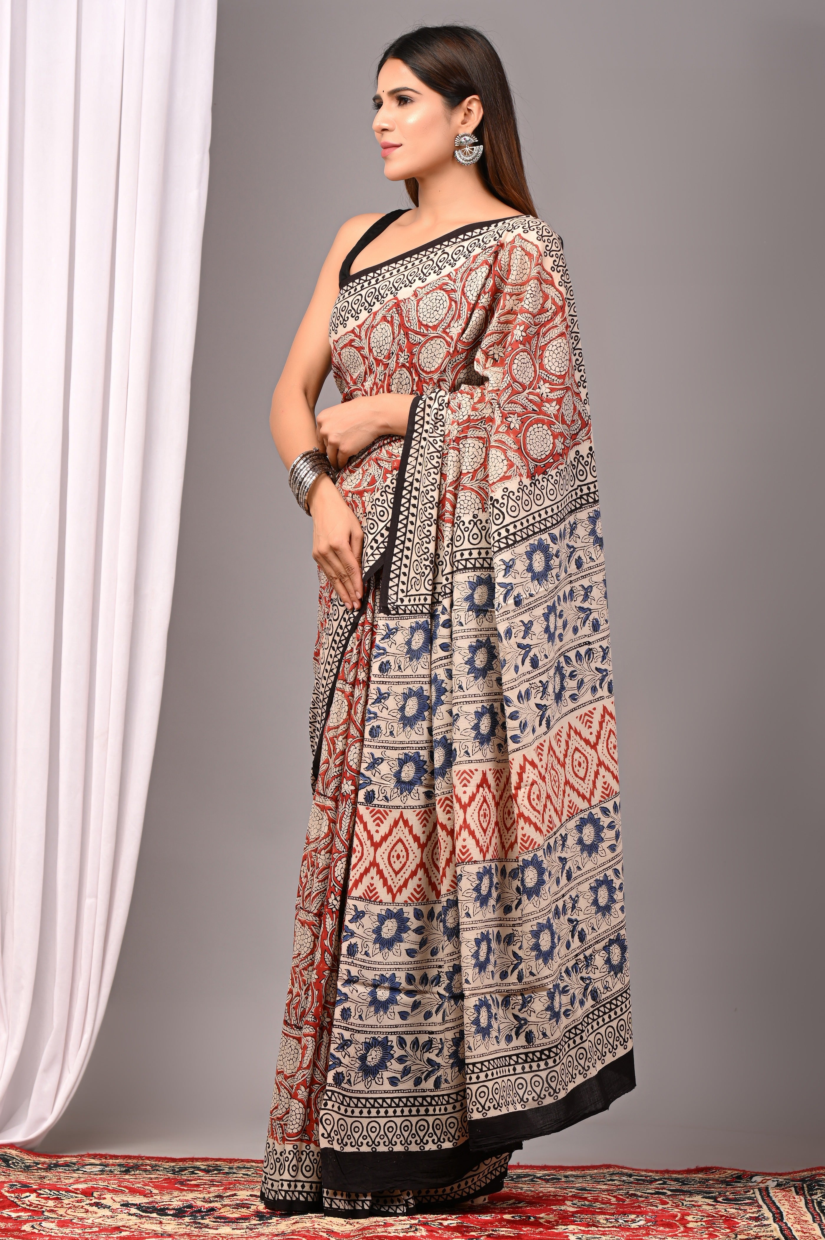 Rust Red Pure Cotton Hand-Printed Saree