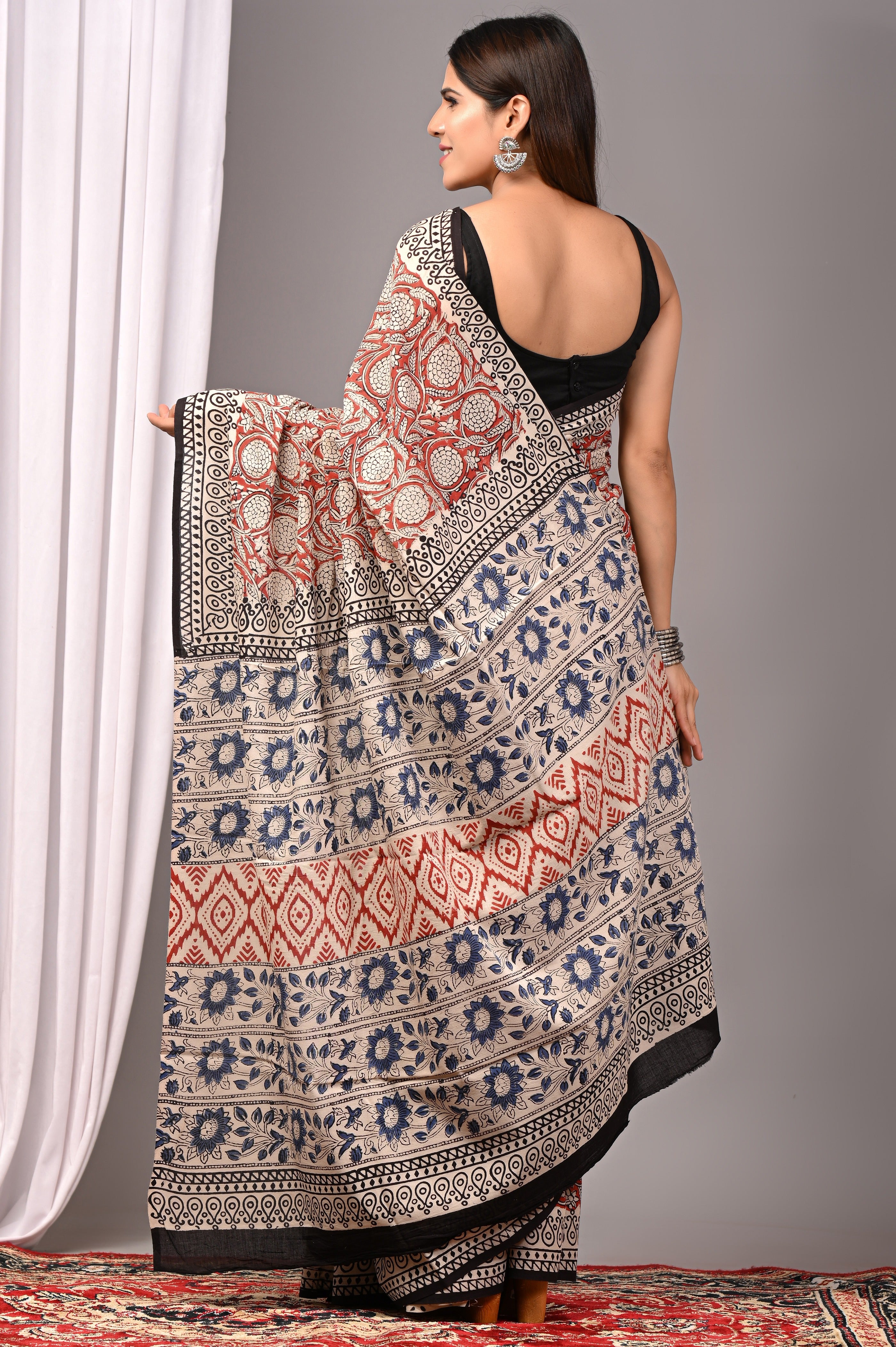 Rust Red Pure Cotton Hand-Printed Saree