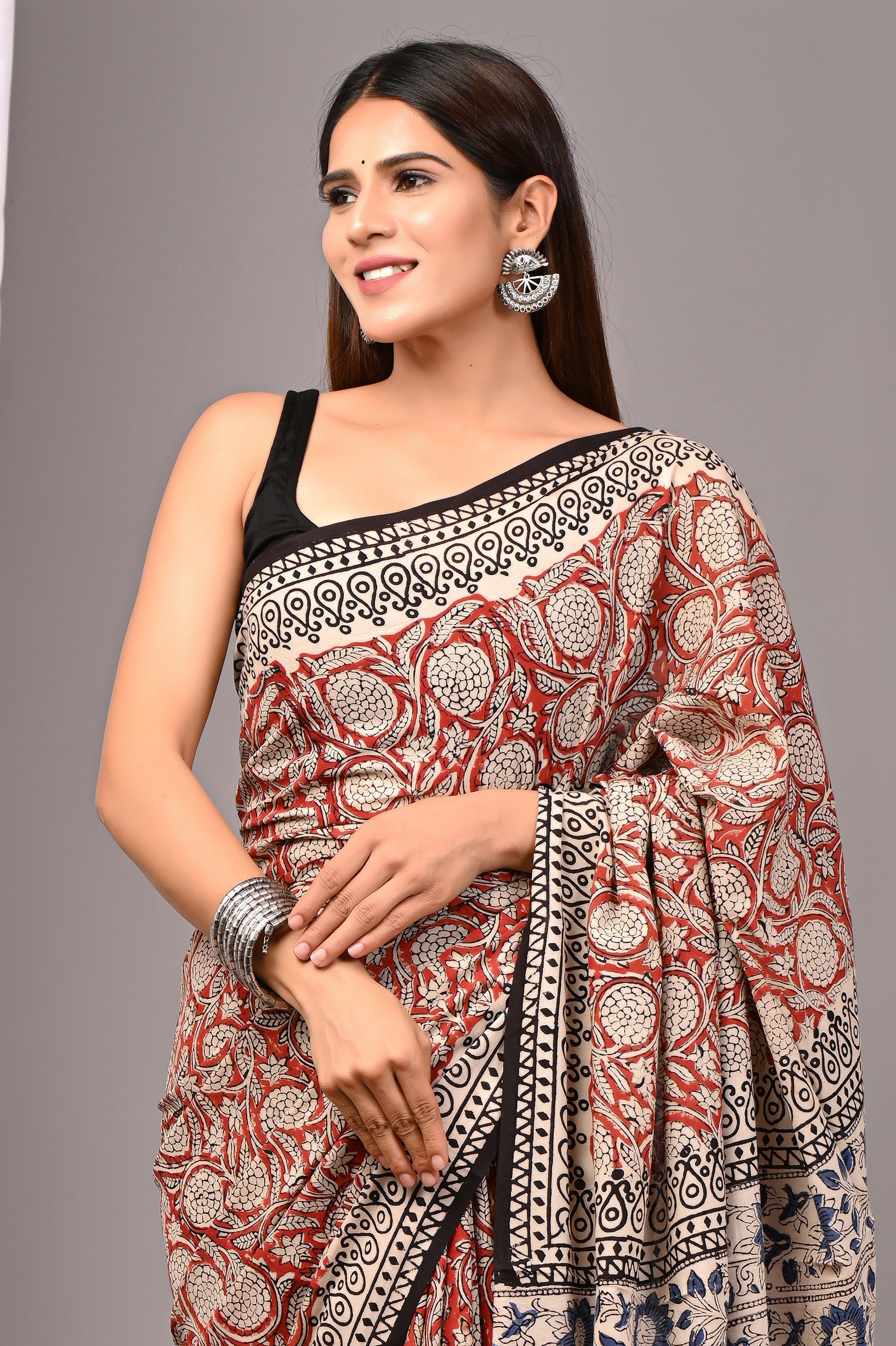 Rust Red Pure Cotton Hand-Printed Saree