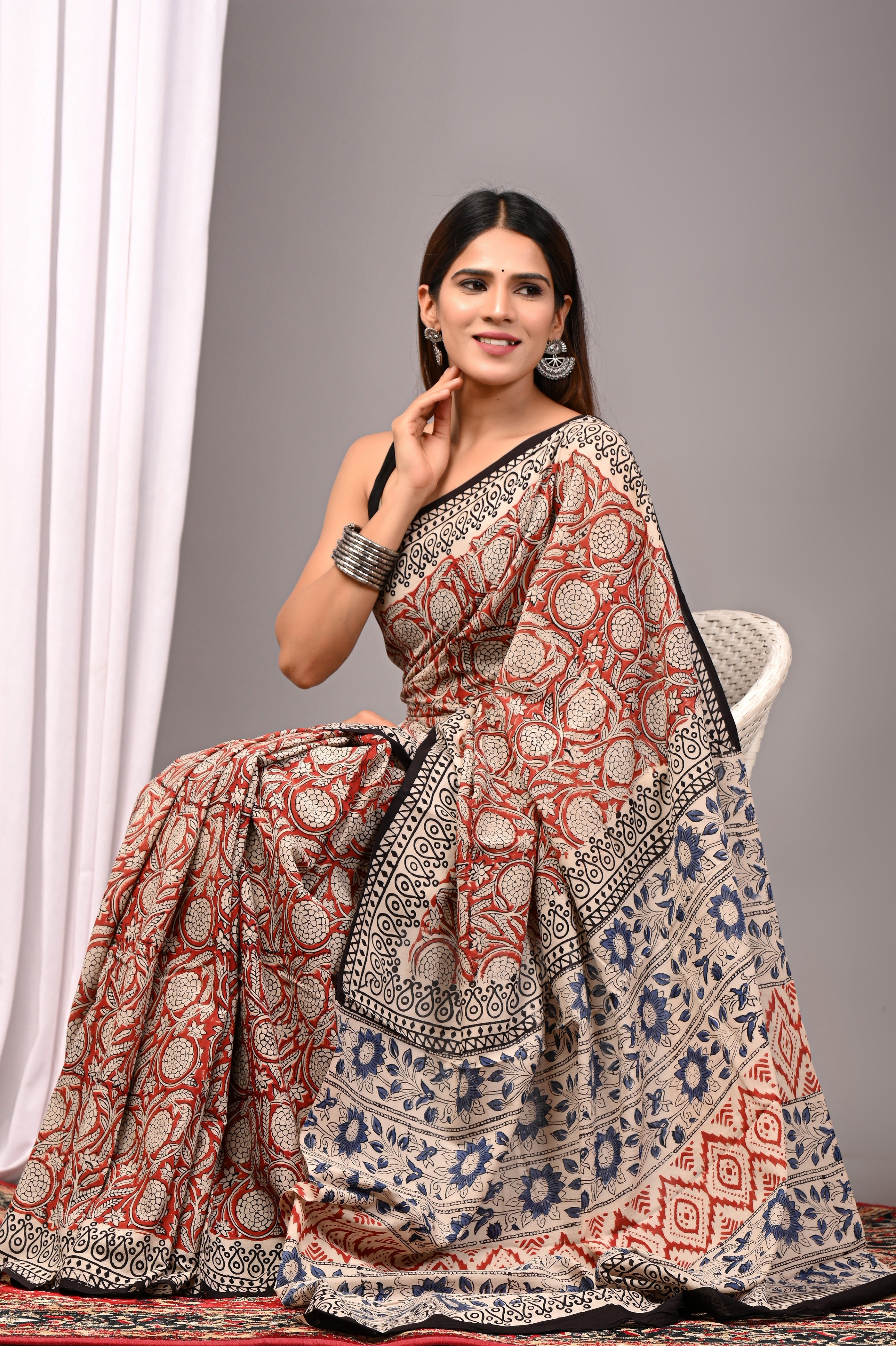 Rust Red Pure Cotton Hand-Printed Saree