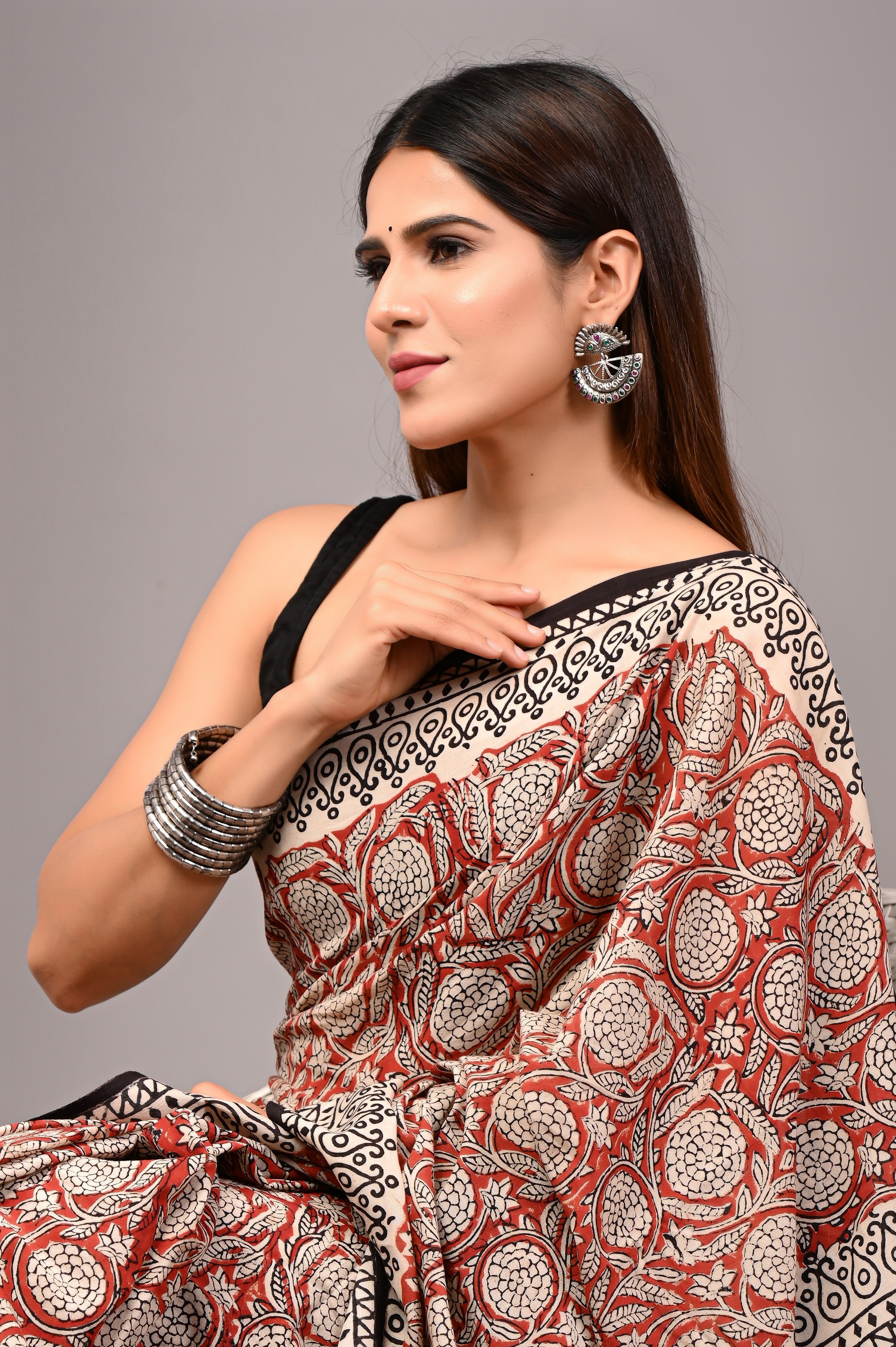 Rust Red Pure Cotton Hand-Printed Saree
