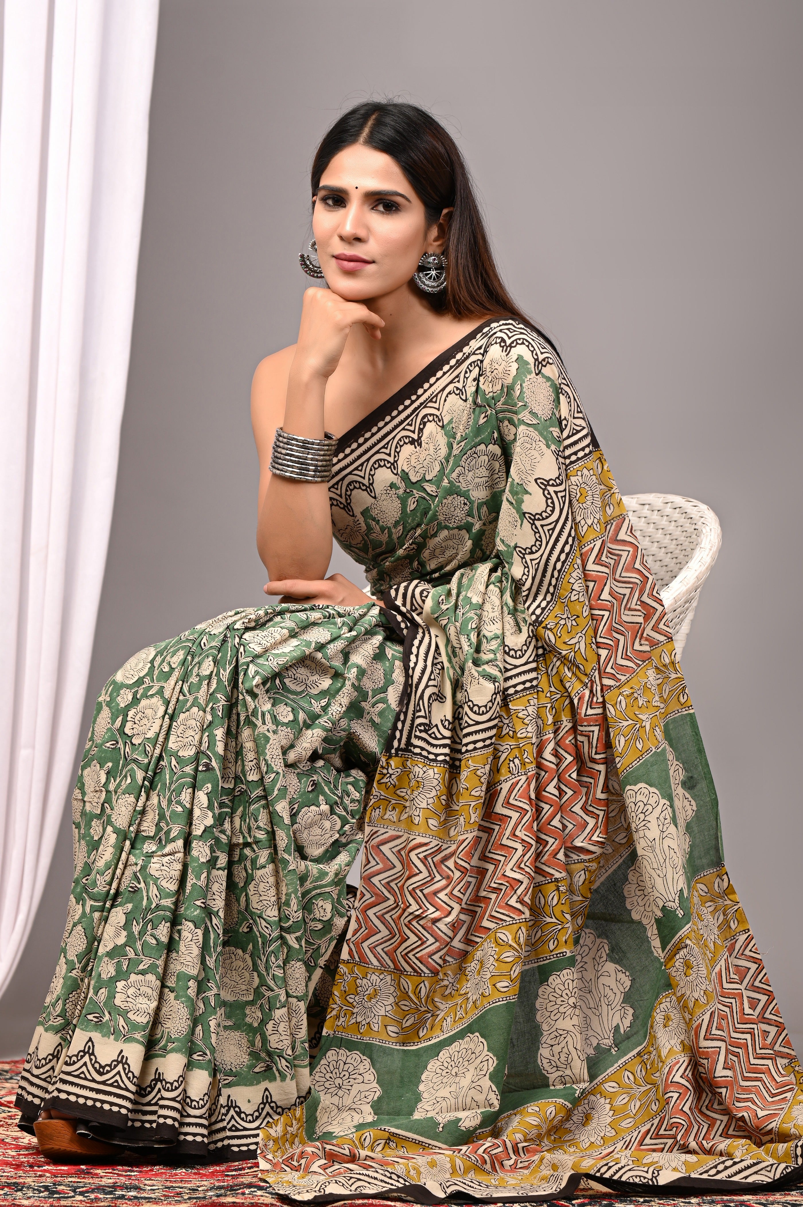 Green Pure Cotton Hand-Printed Saree