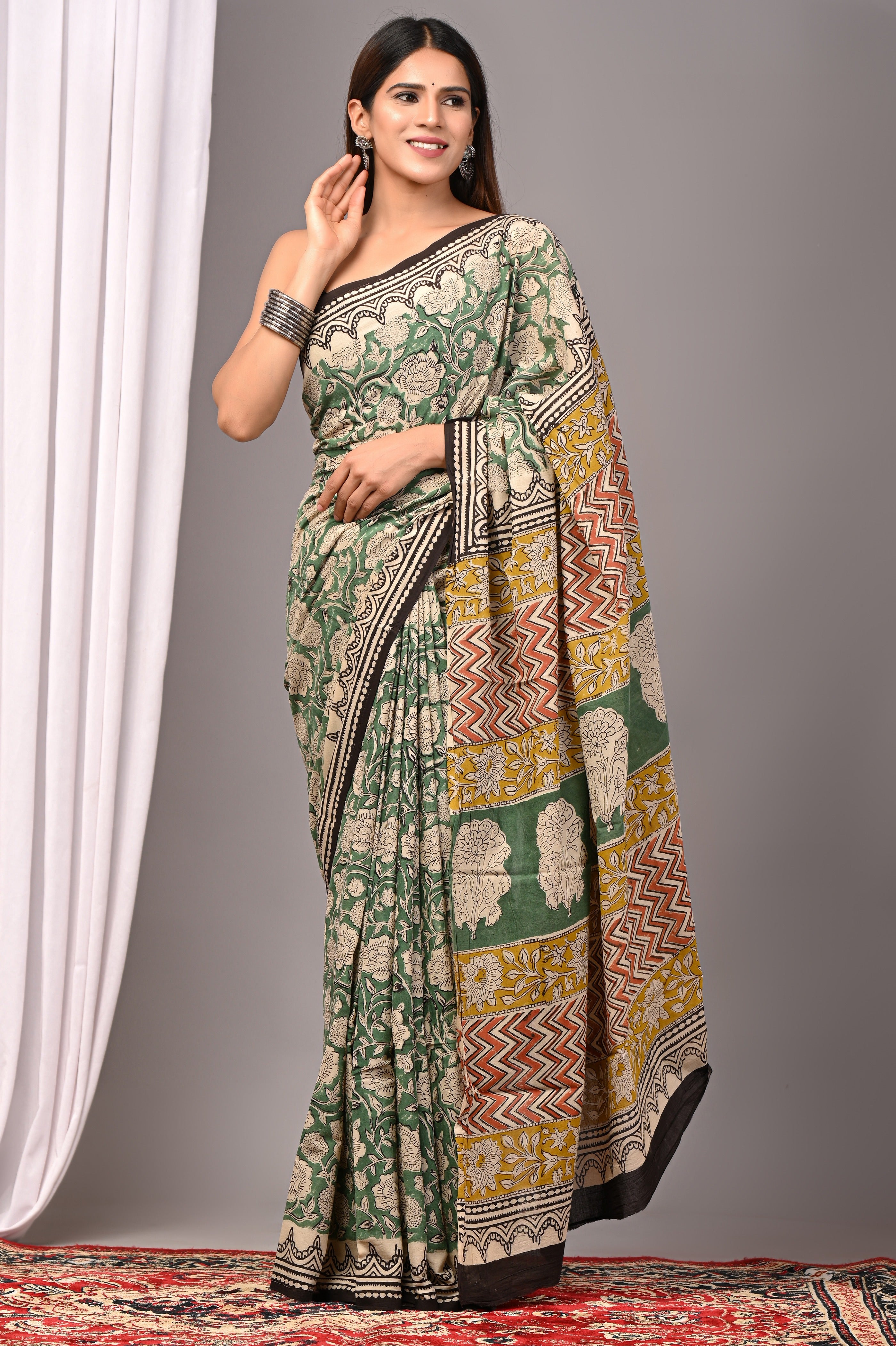 Green Pure Cotton Hand-Printed Saree