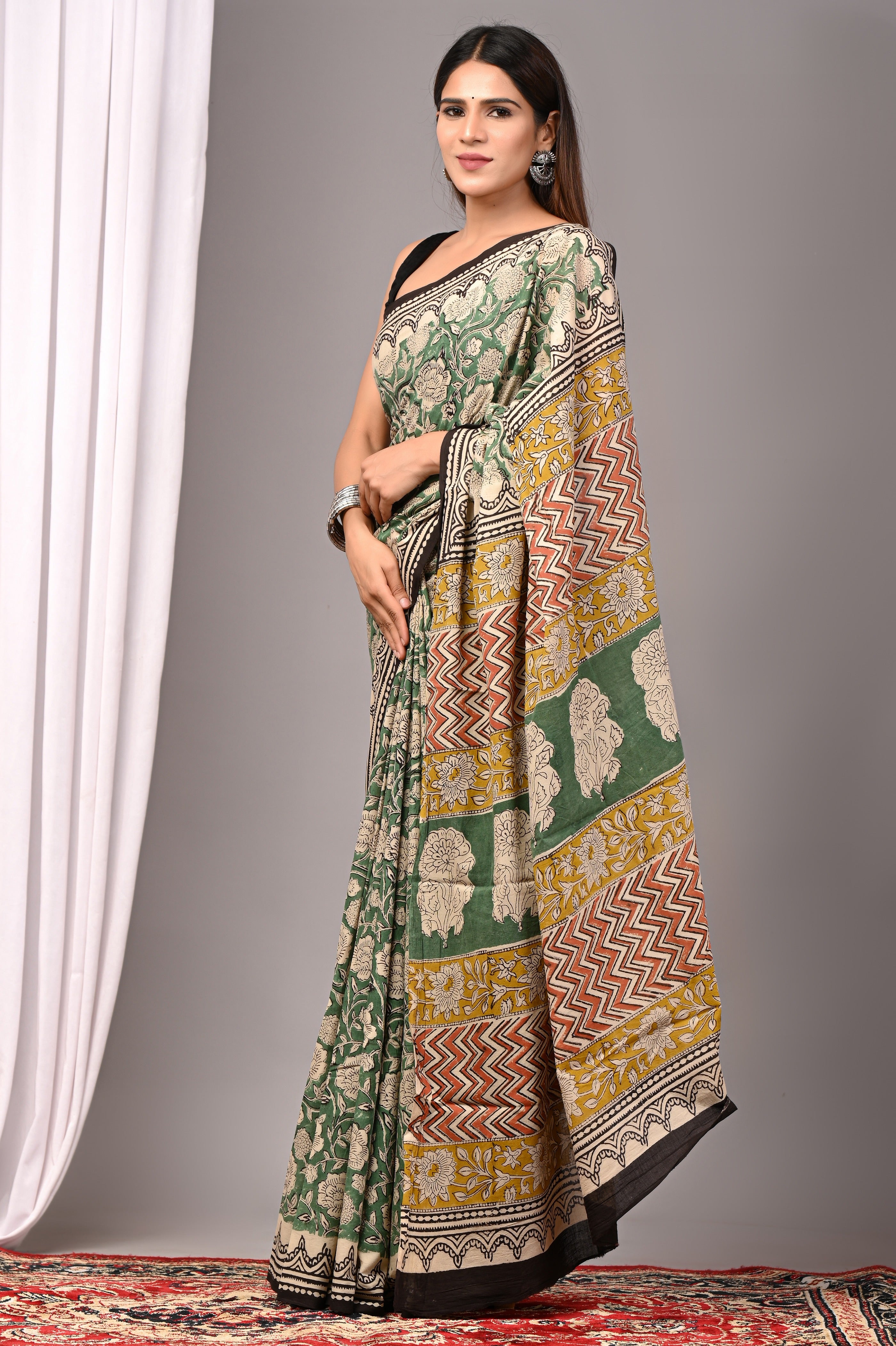 Green Pure Cotton Hand-Printed Saree