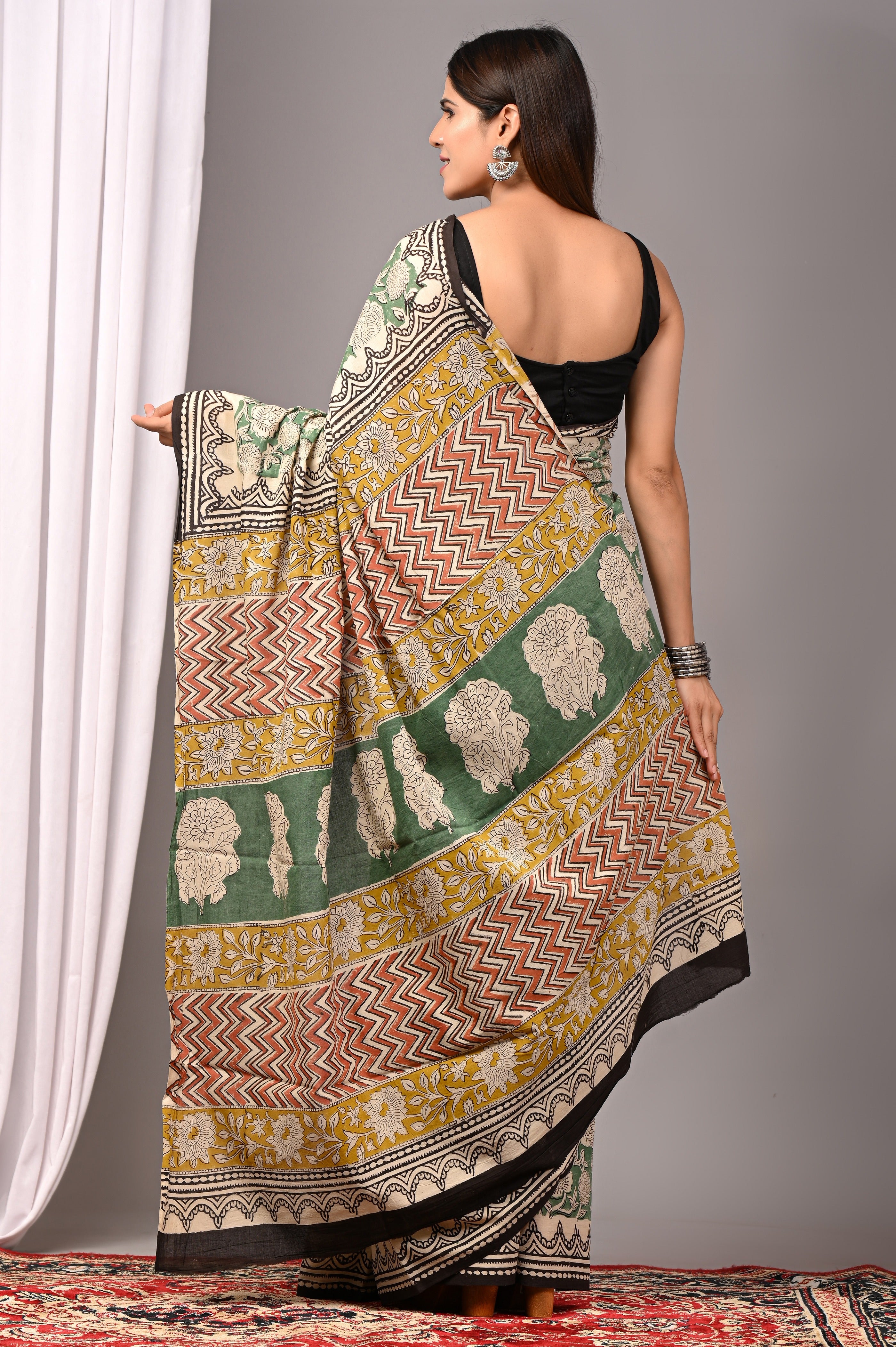 Green Pure Cotton Hand-Printed Saree