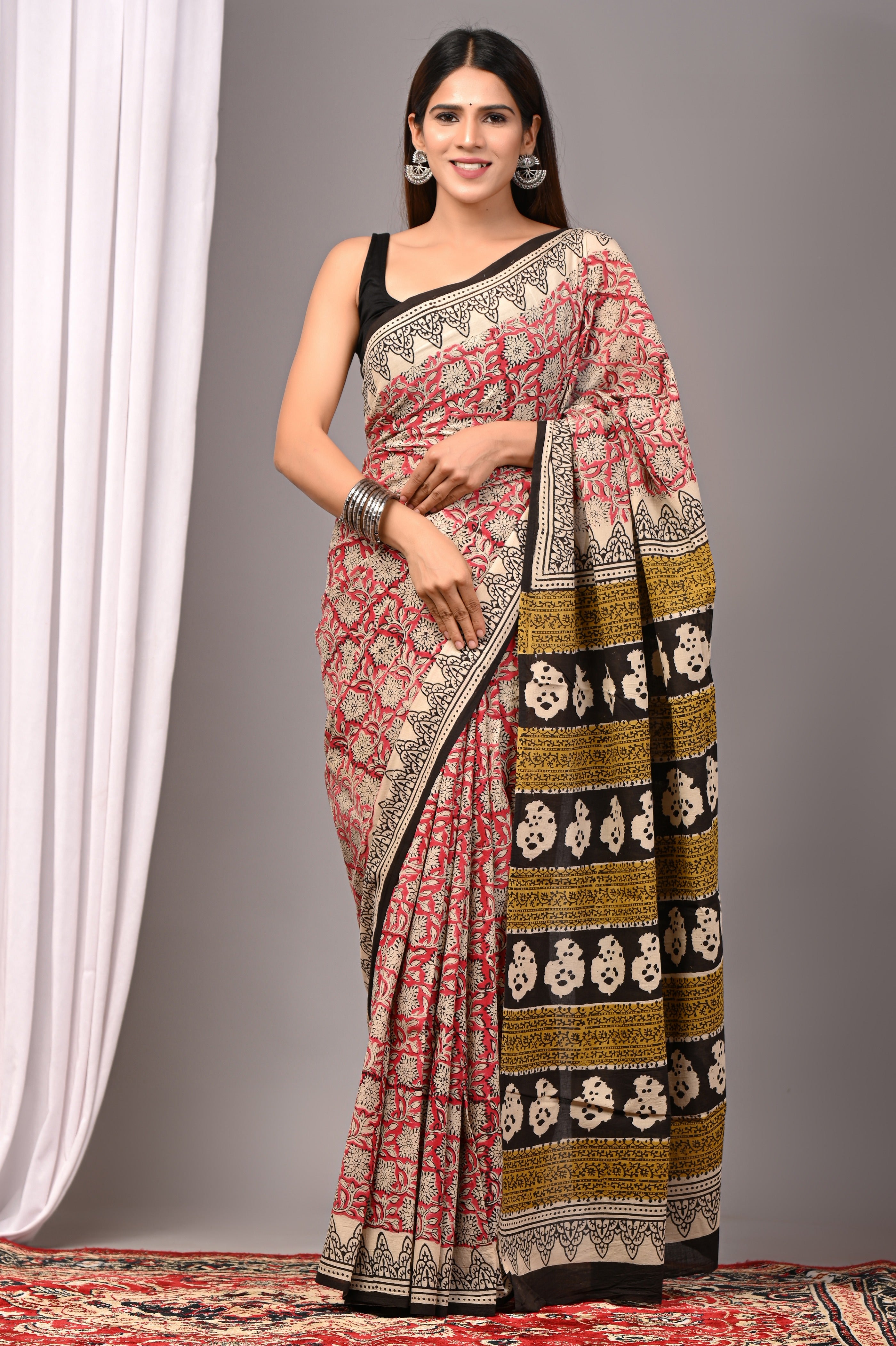 Red Pure Cotton Hand-Printed Saree