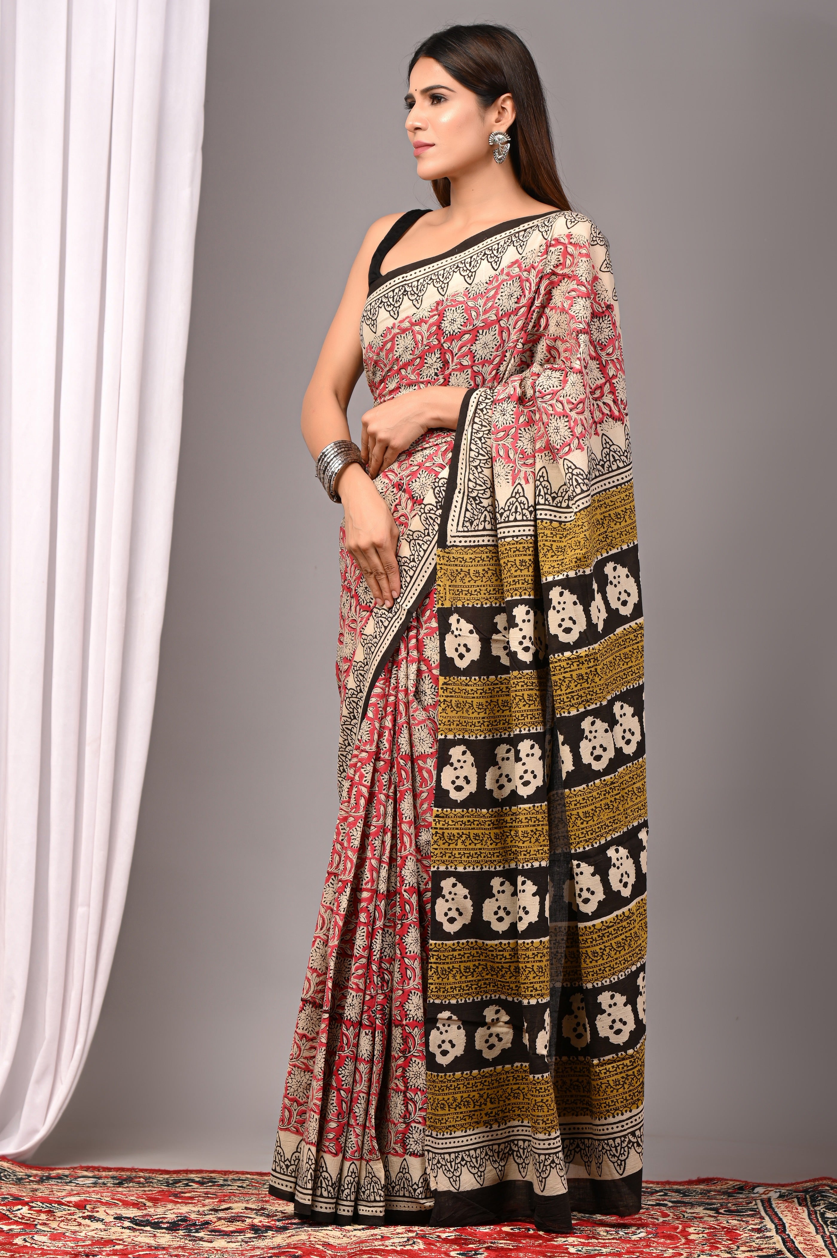 Red Pure Cotton Hand-Printed Saree