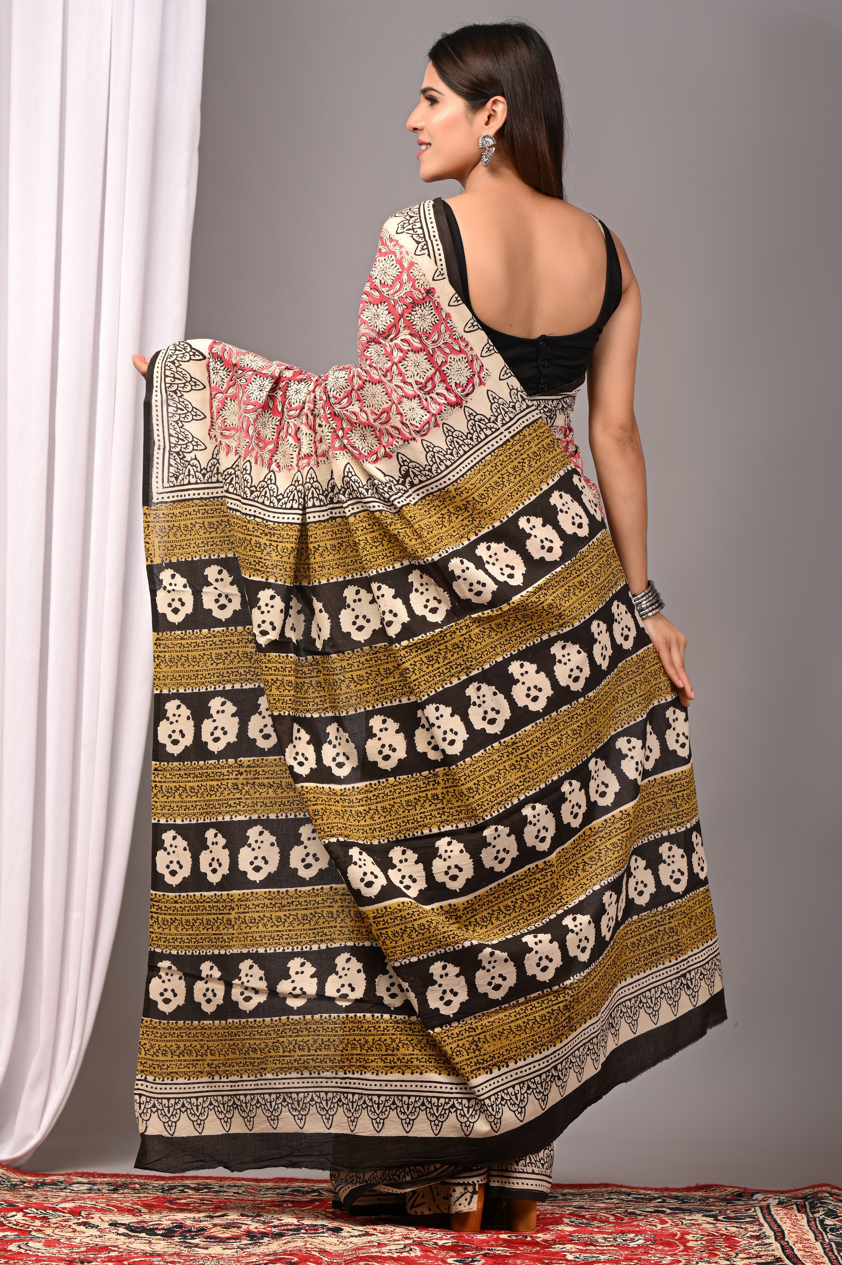 Red Pure Cotton Hand-Printed Saree