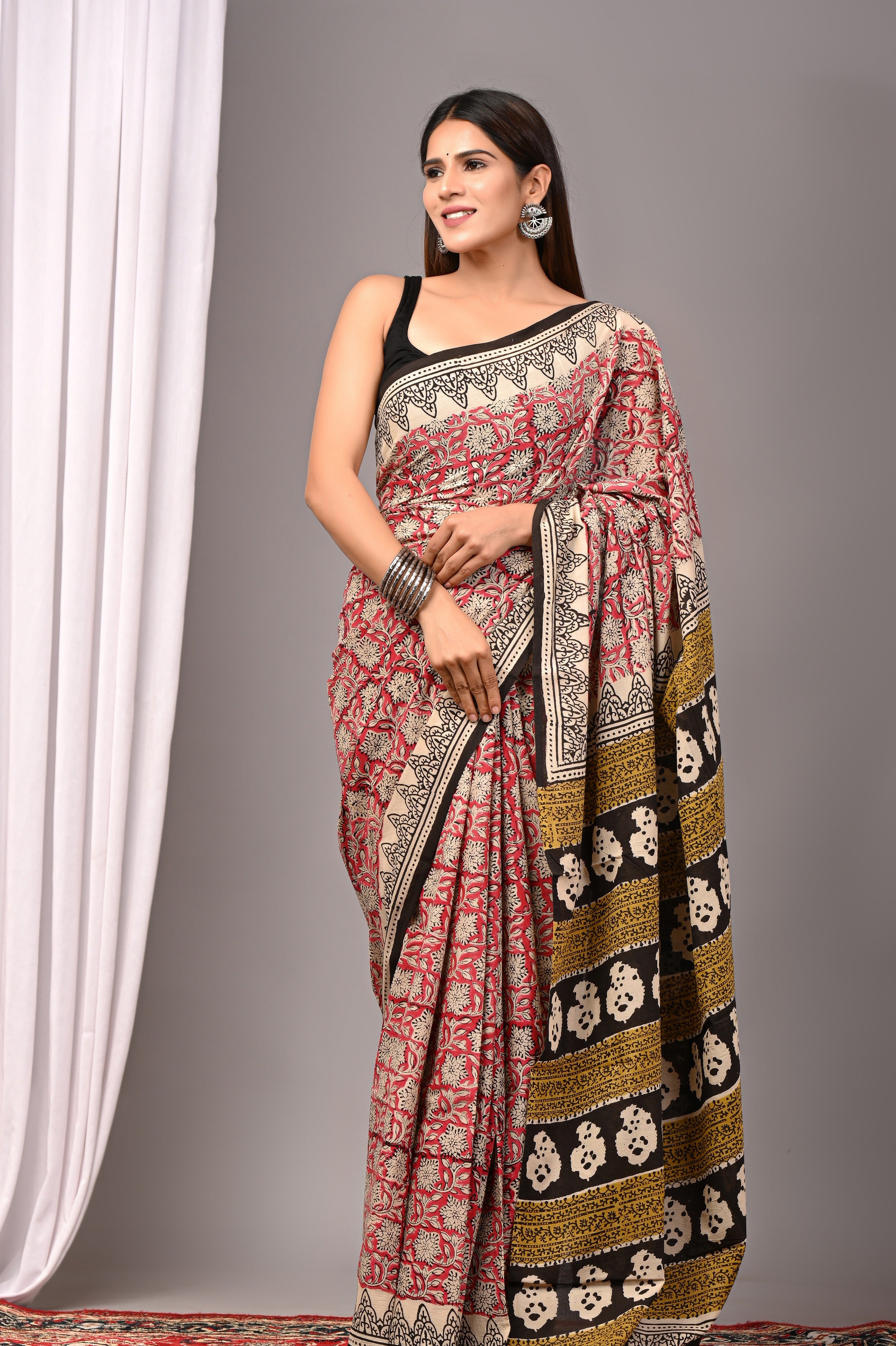 Red Pure Cotton Hand-Printed Saree