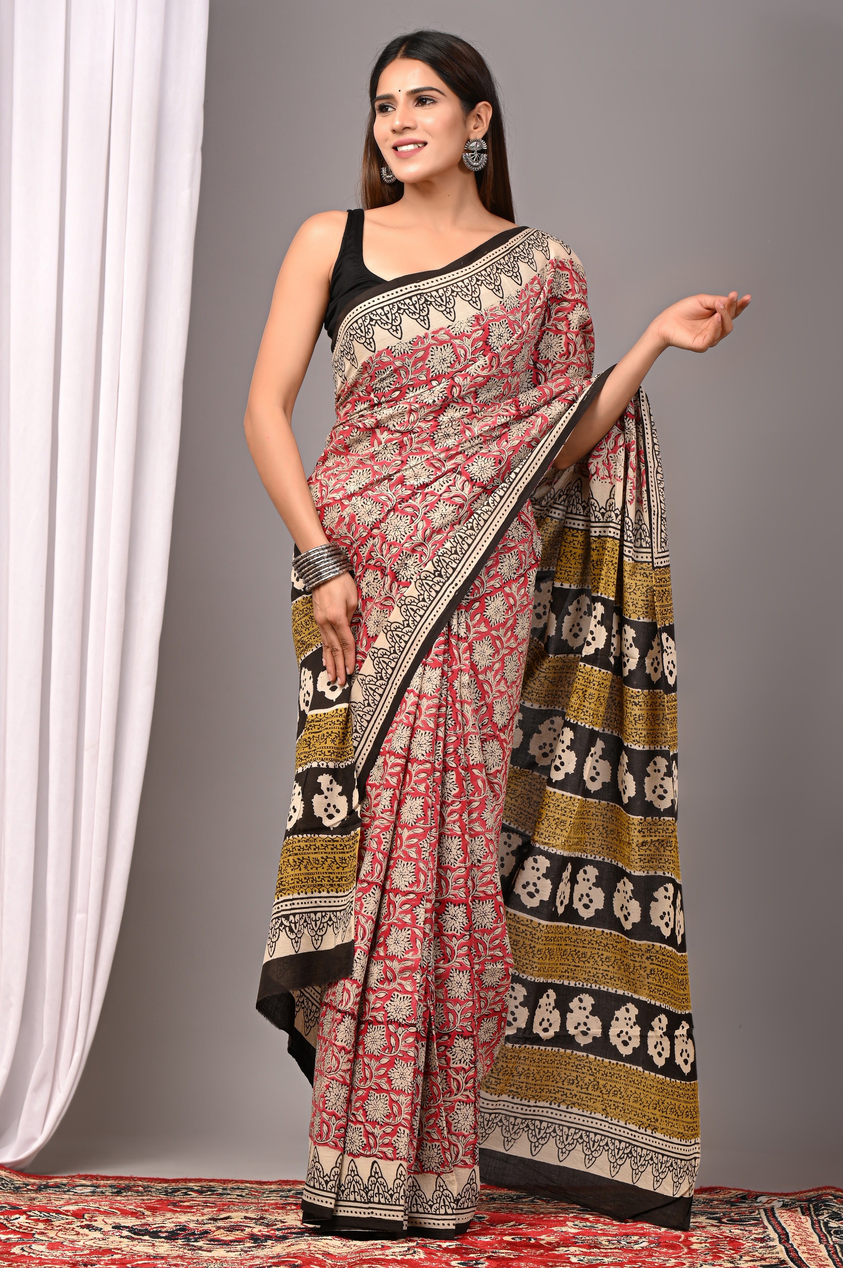 Red Pure Cotton Hand-Printed Saree