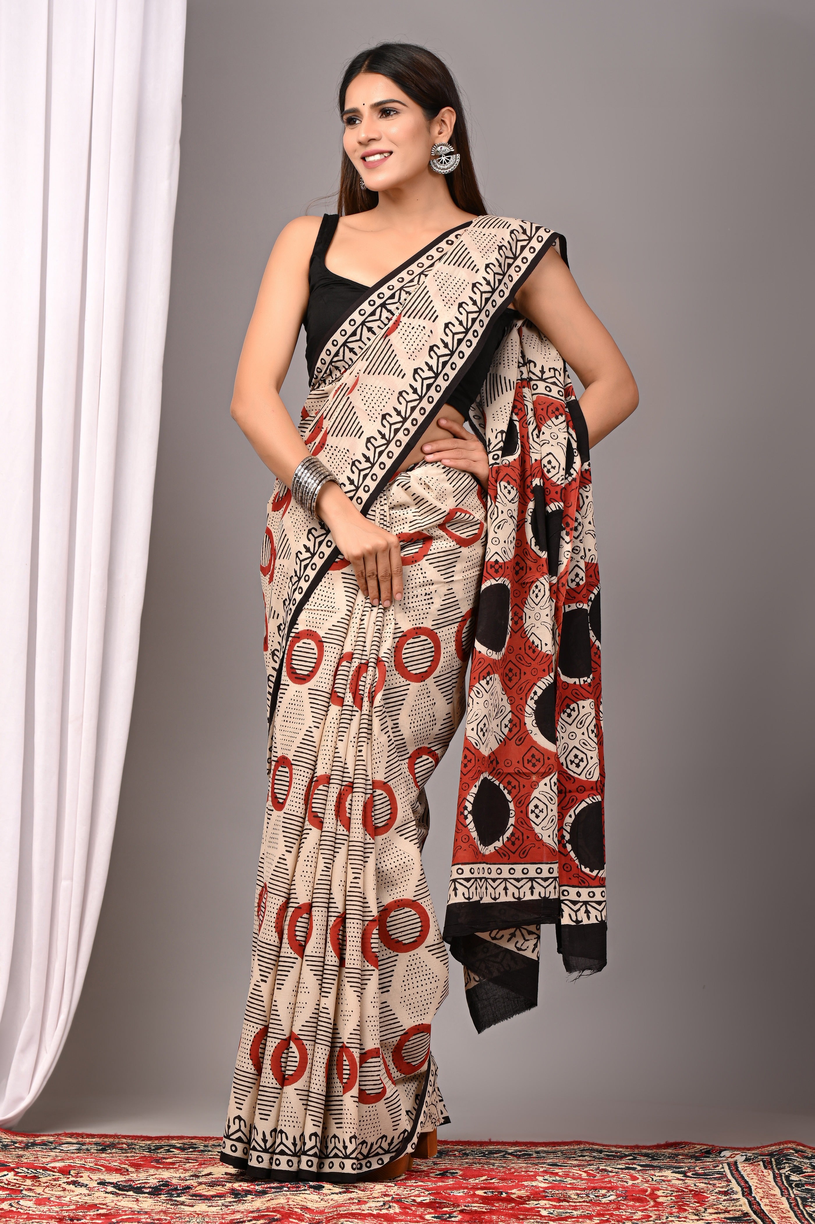 Ivory Pure Cotton Hand-Printed Saree