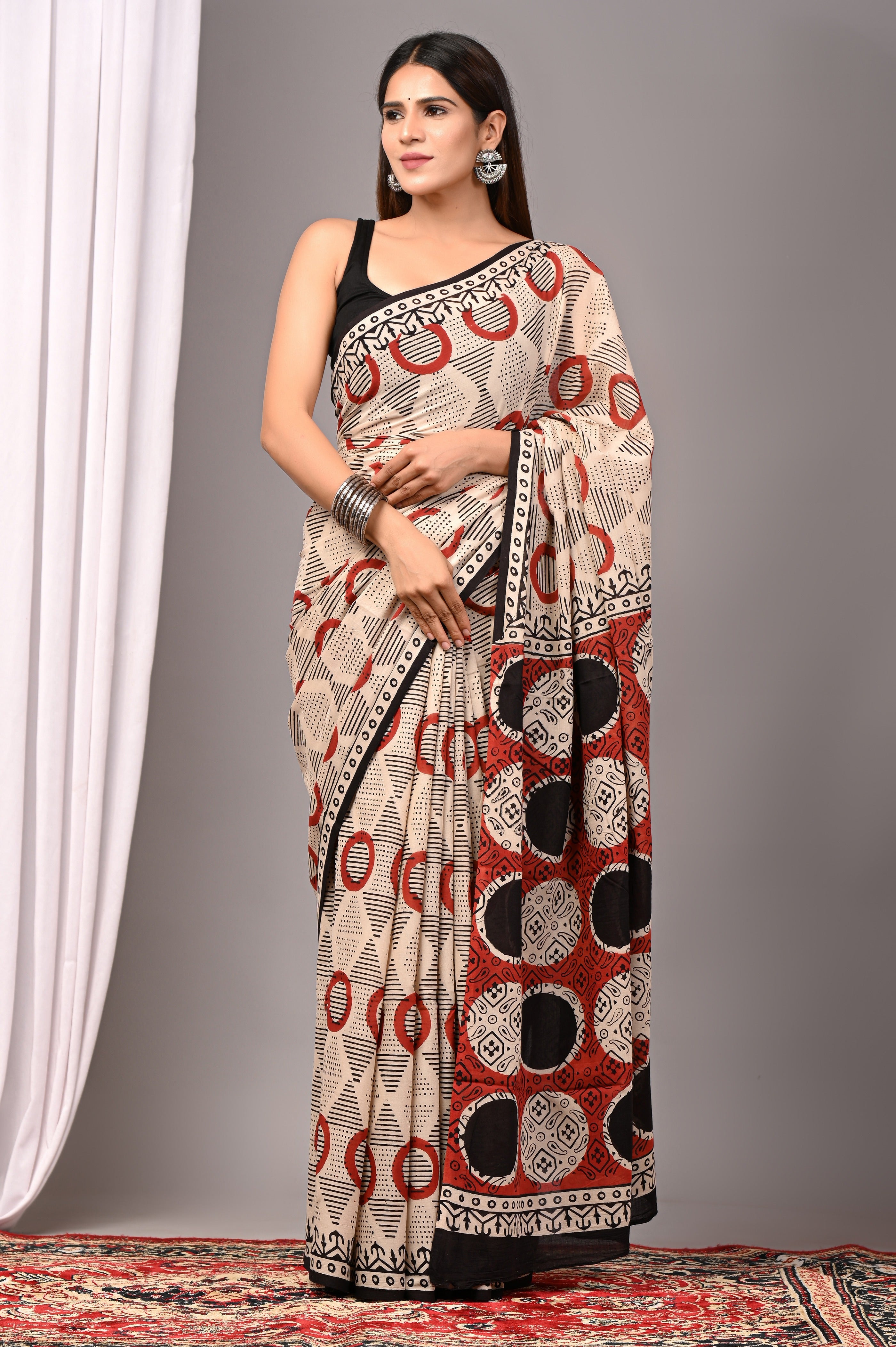 Ivory Pure Cotton Hand-Printed Saree