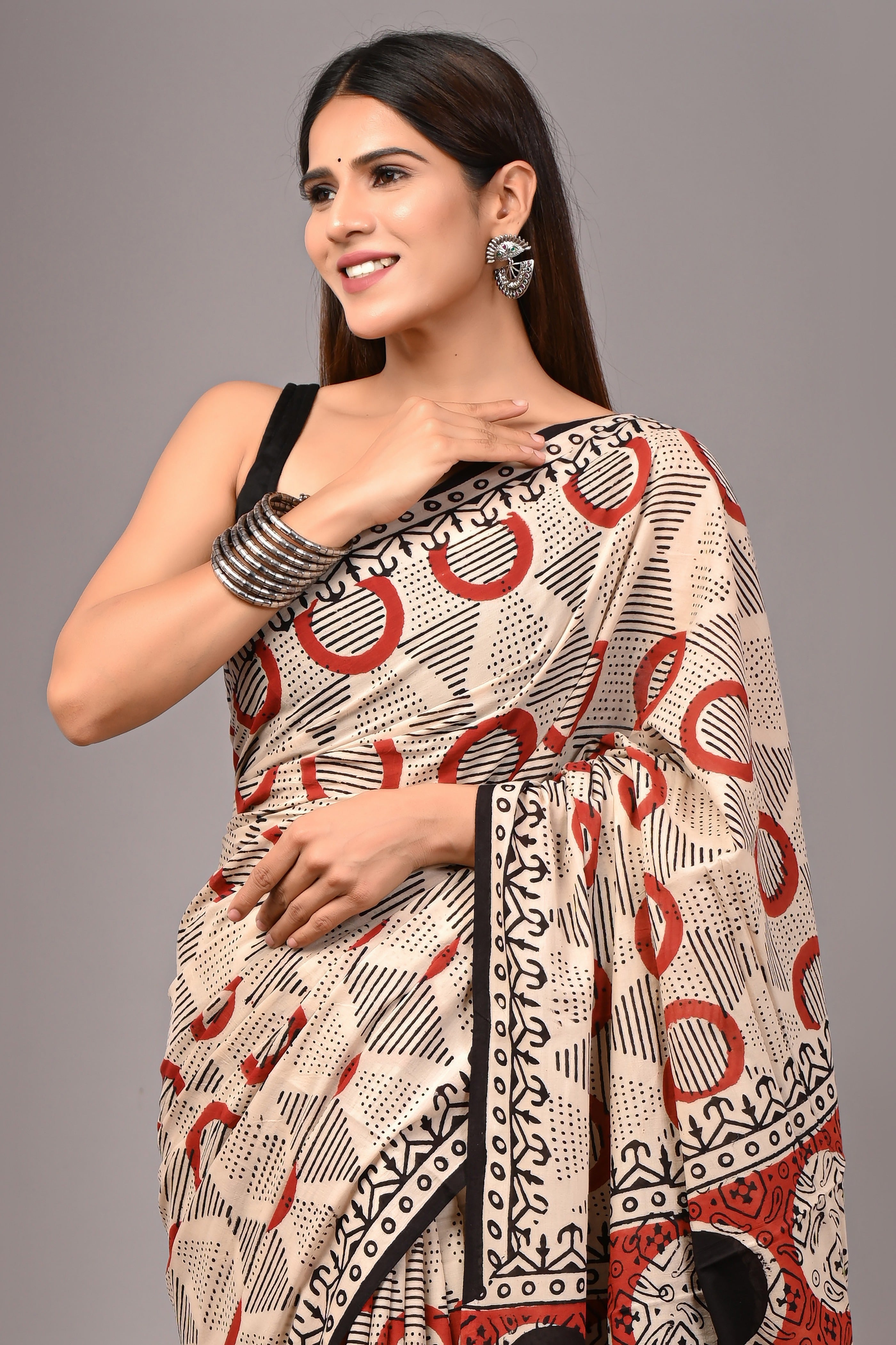 Ivory Pure Cotton Hand-Printed Saree