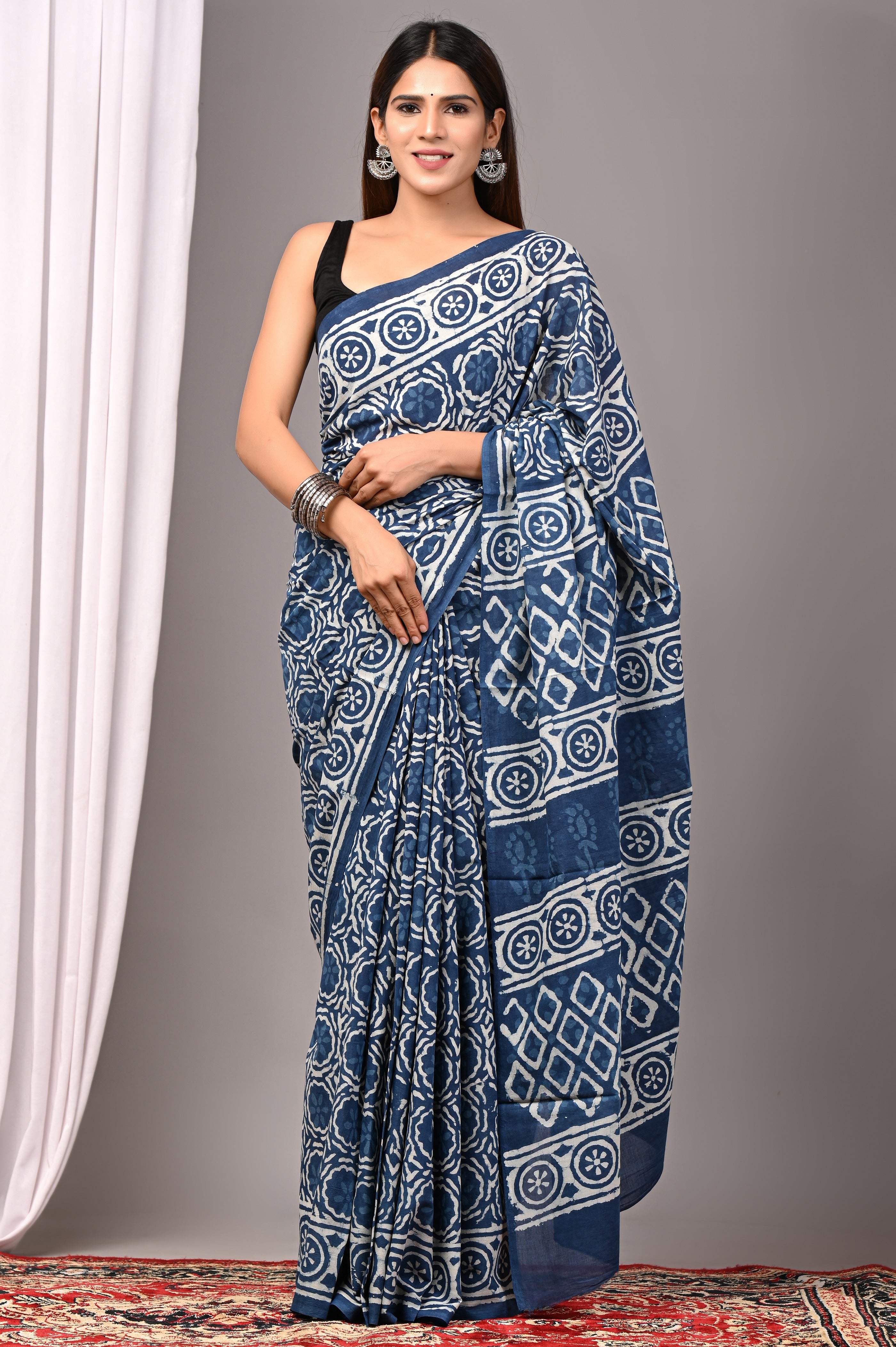 Indigo Blue Pure Cotton Hand-Printed Saree