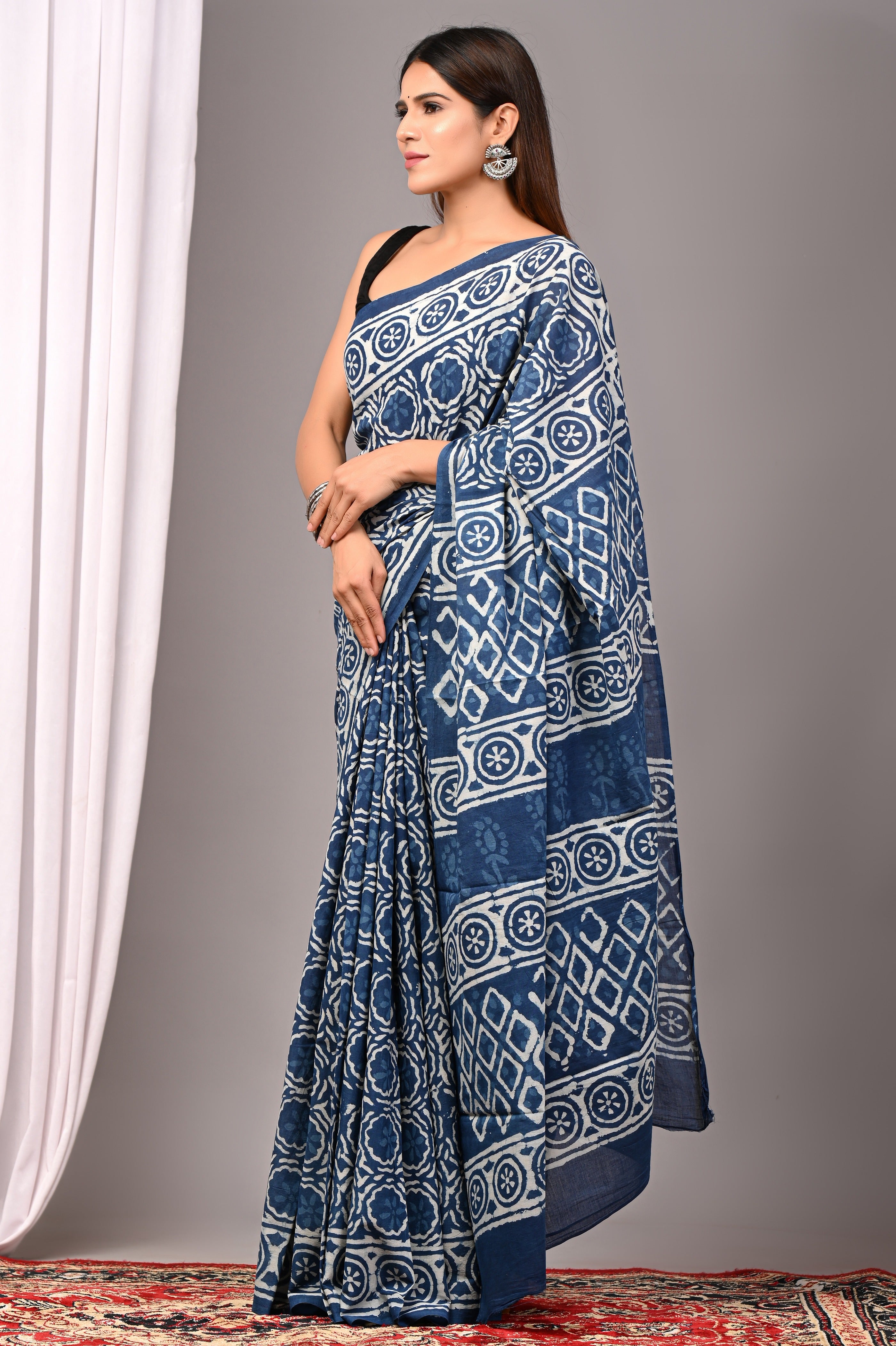 Indigo Blue Pure Cotton Hand-Printed Saree