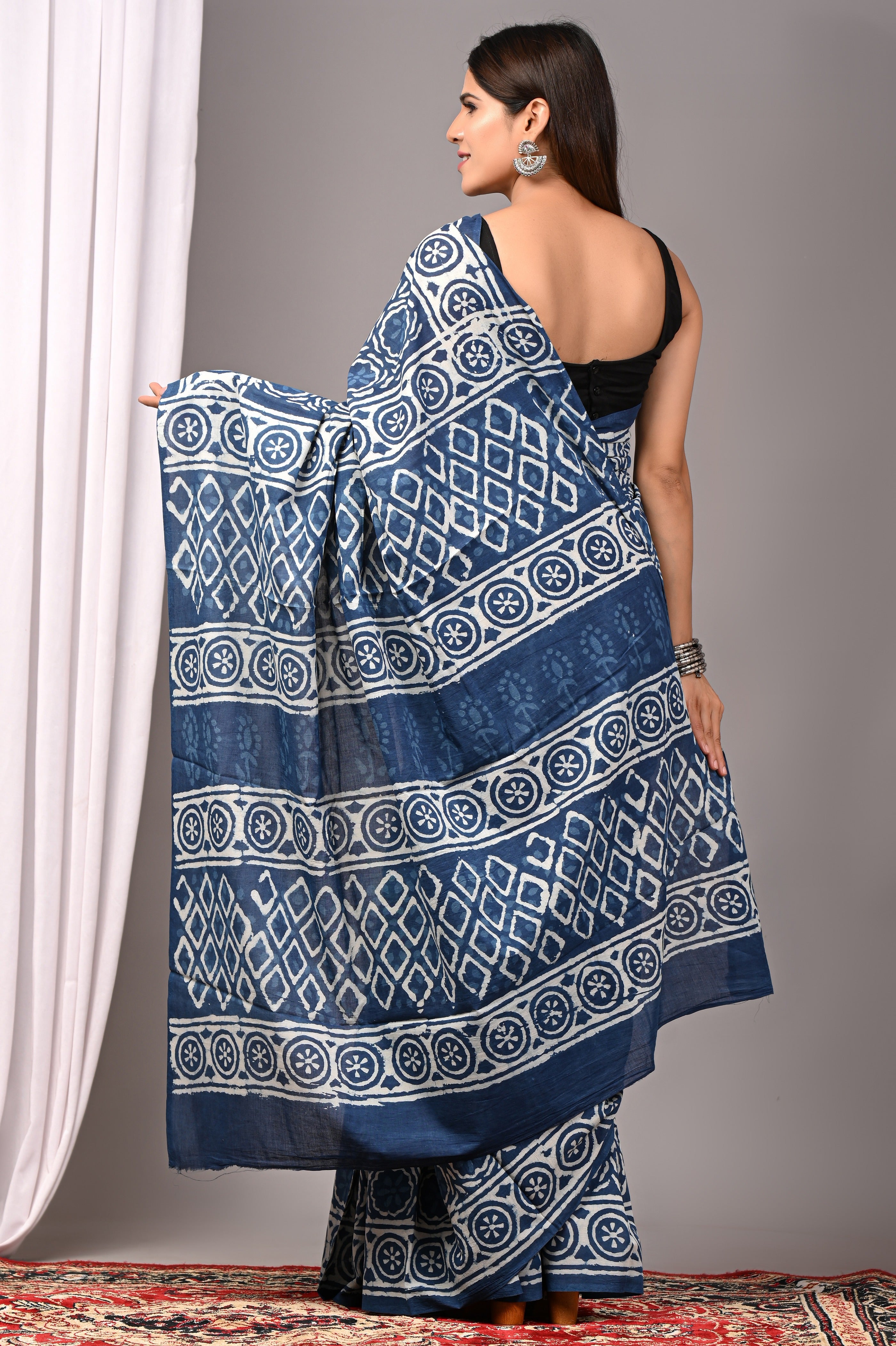Indigo Blue Pure Cotton Hand-Printed Saree