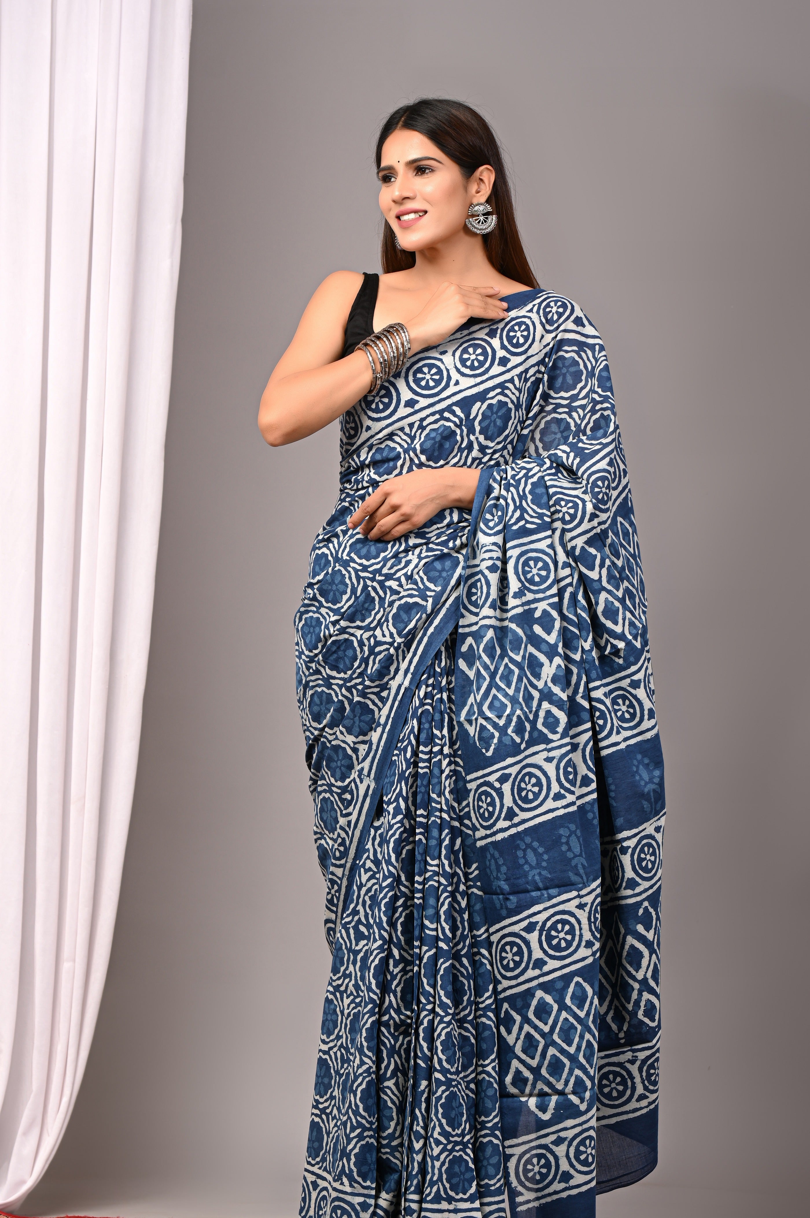 Indigo Blue Pure Cotton Hand-Printed Saree