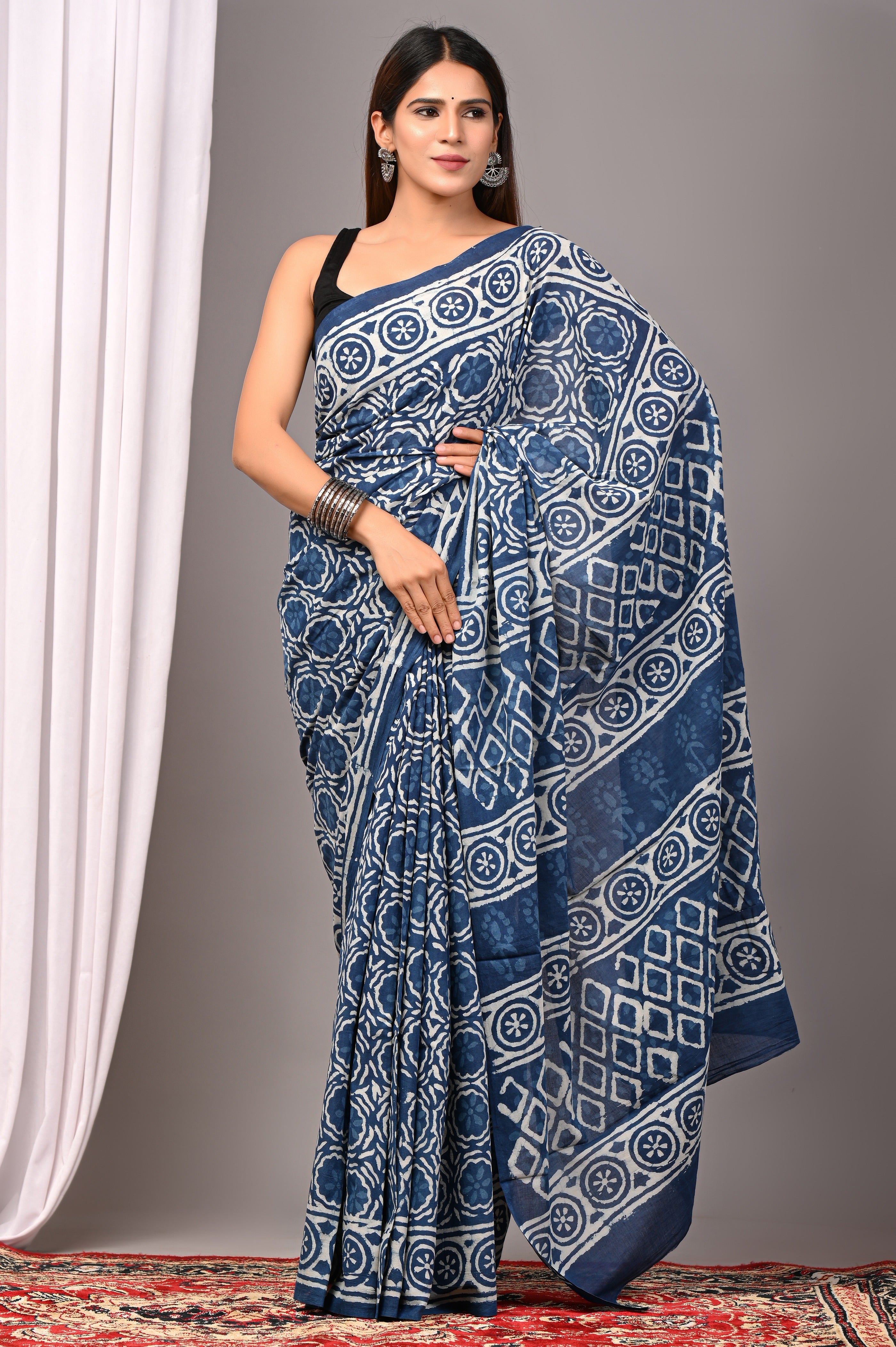 Indigo Blue Pure Cotton Hand-Printed Saree